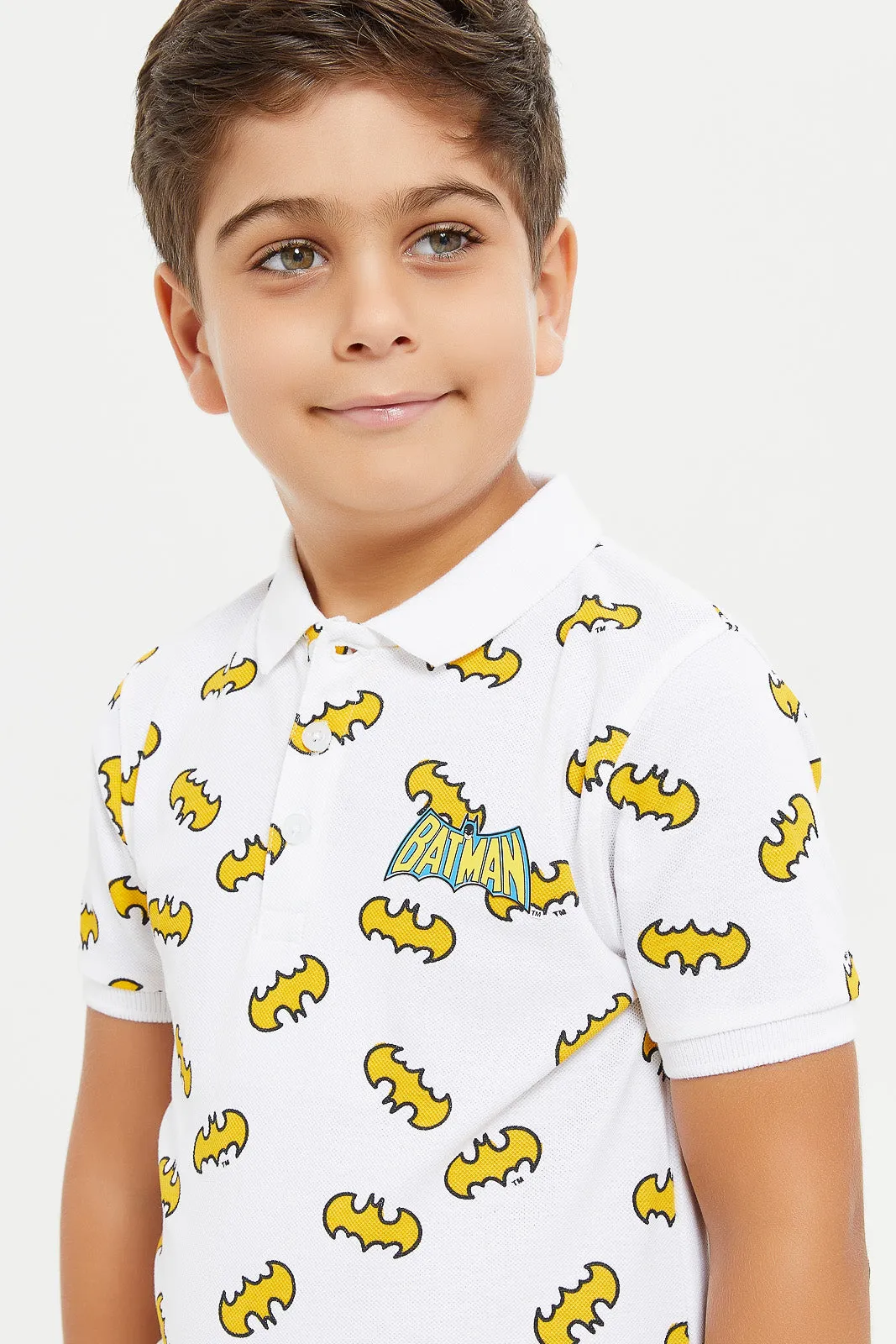 Boys White Batman All Over Print Polo Shirt