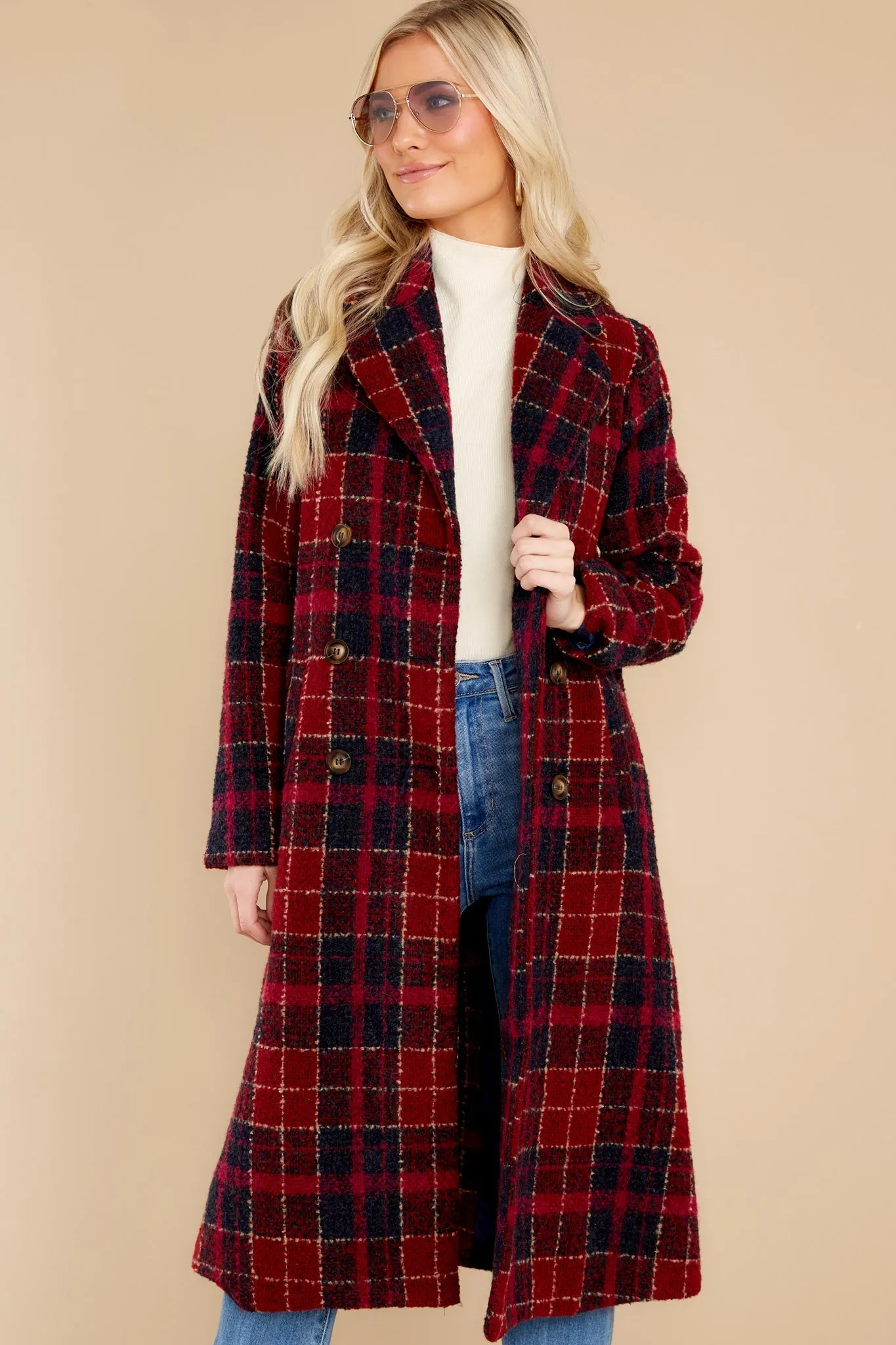 Brave The Chill Burgundy Plaid Coat