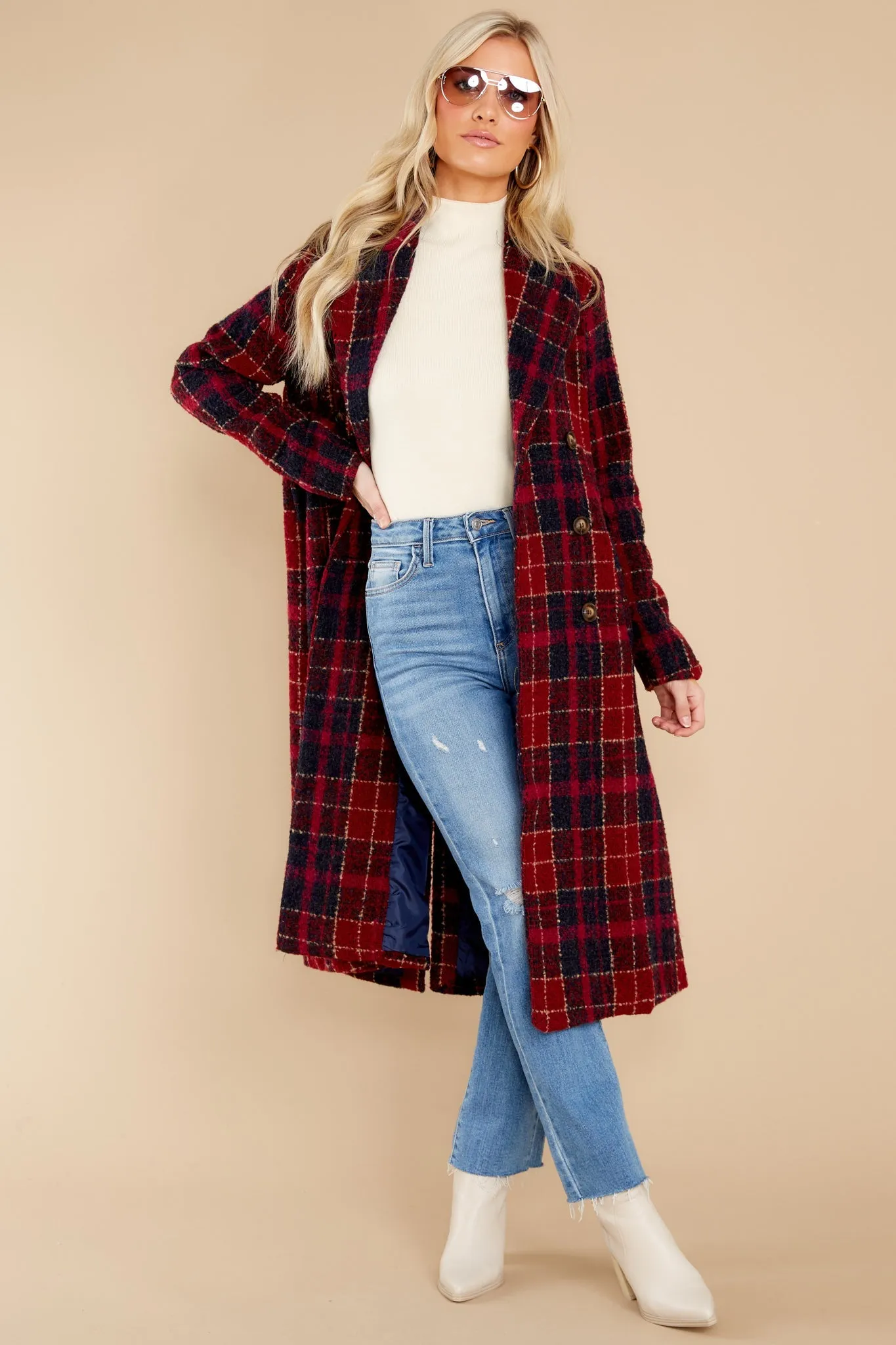 Brave The Chill Burgundy Plaid Coat