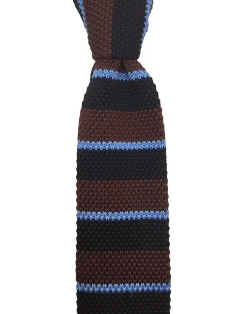 Brown, Black and Light Blue Striped Knit Tie