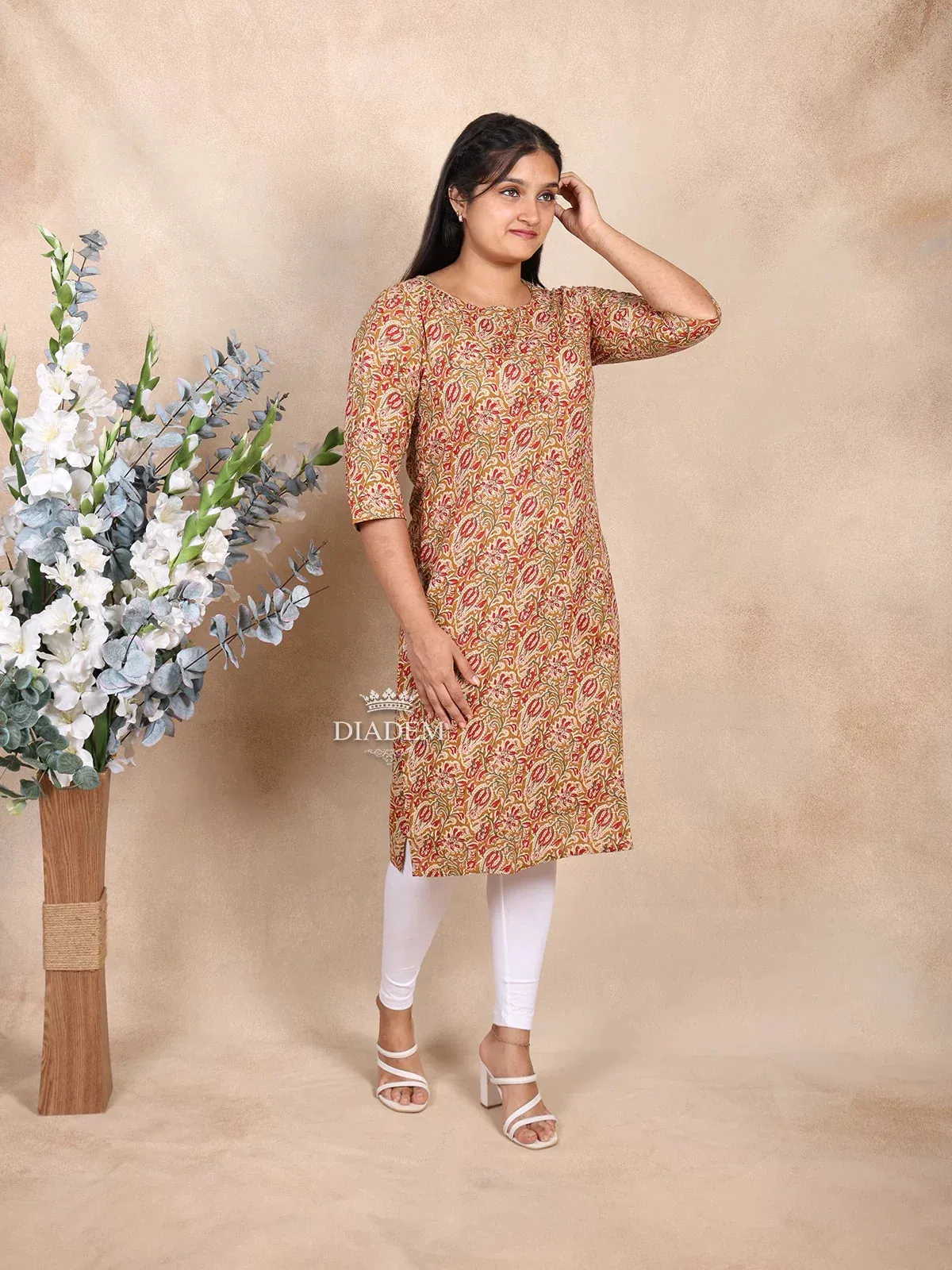 Brown Cotton Kurti Top Adorned with Floral Prints