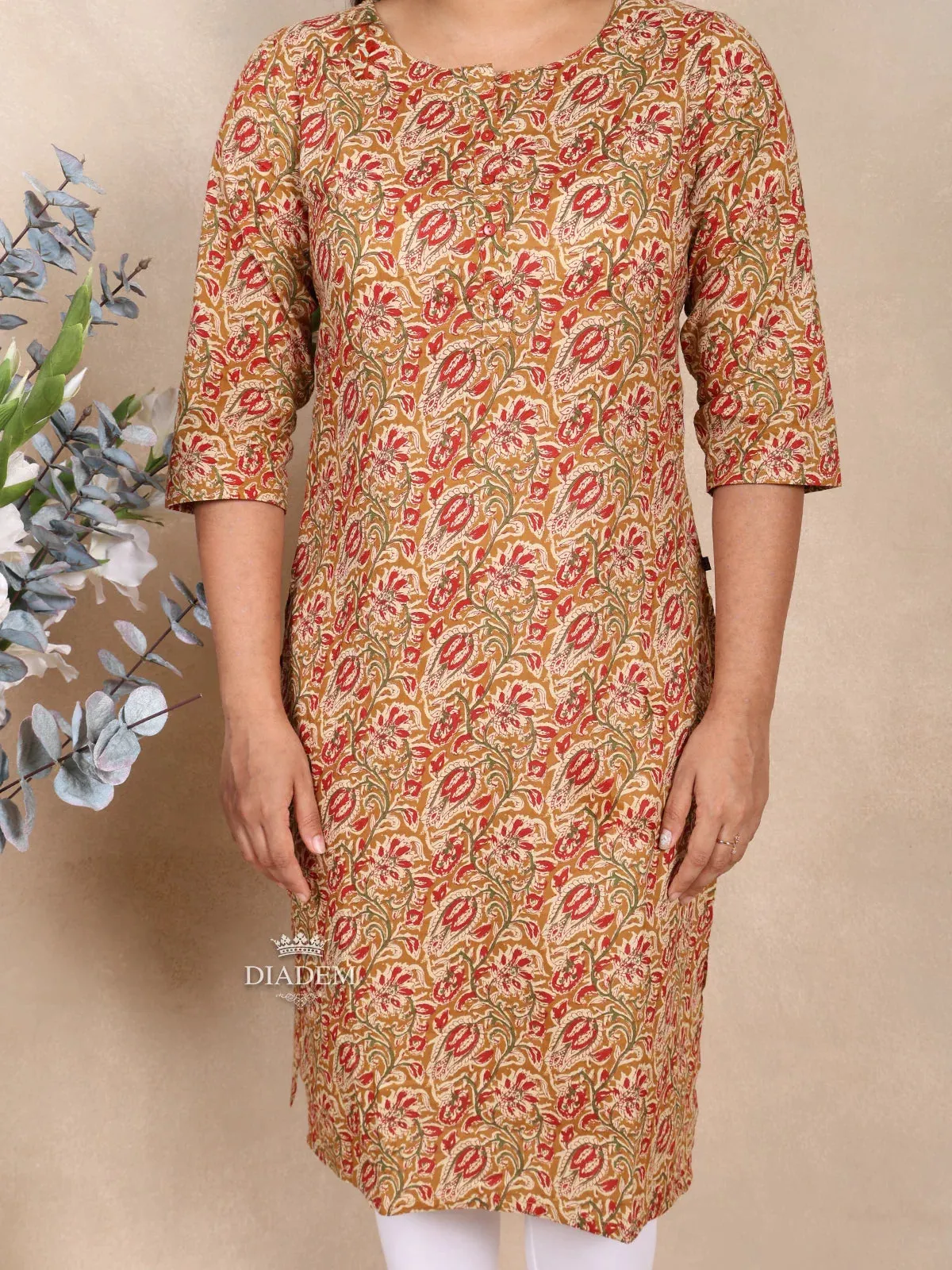 Brown Cotton Kurti Top Adorned with Floral Prints