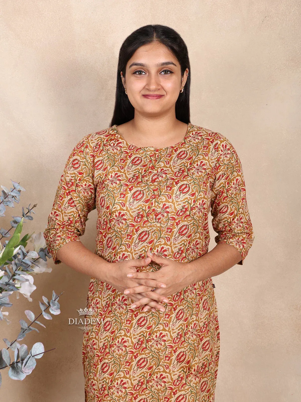 Brown Cotton Kurti Top Adorned with Floral Prints