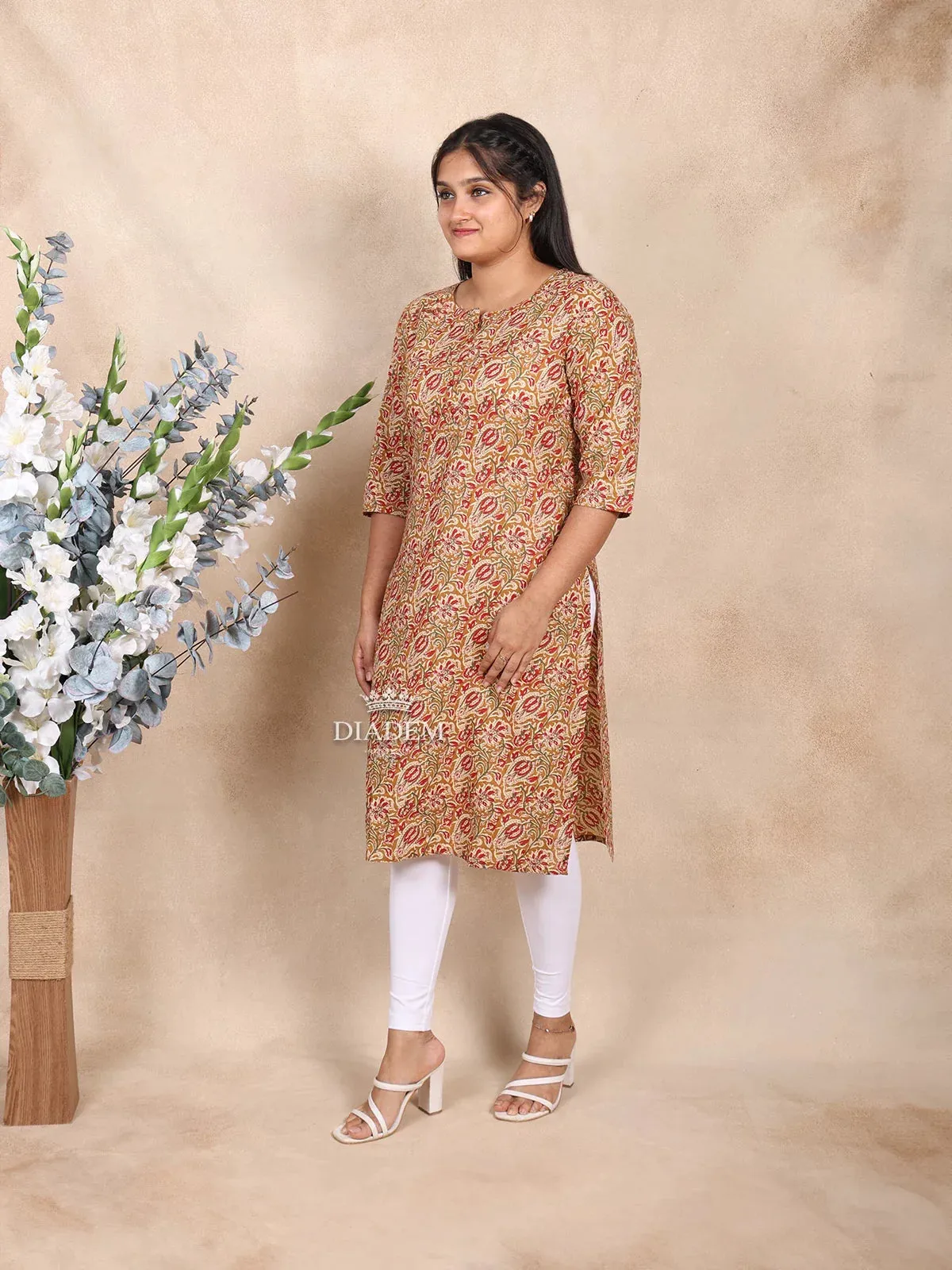 Brown Cotton Kurti Top Adorned with Floral Prints