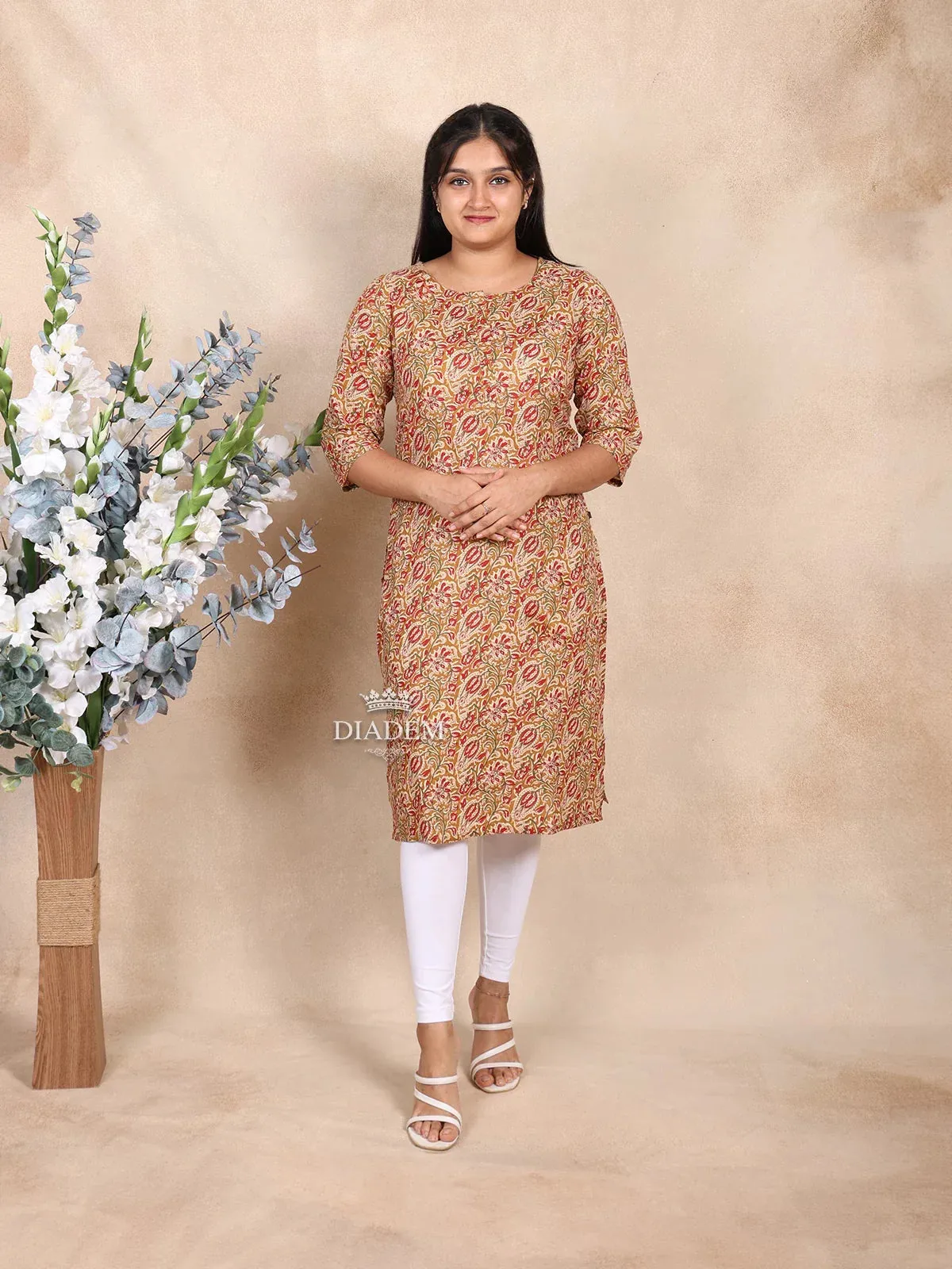 Brown Cotton Kurti Top Adorned with Floral Prints