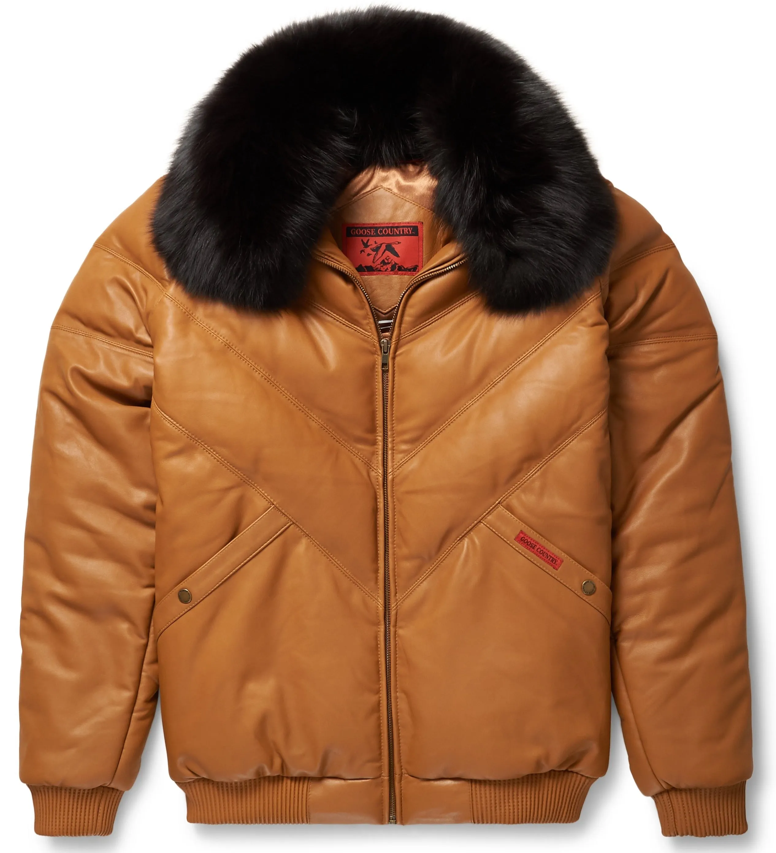 Camel Leather V-Bomber Jacket