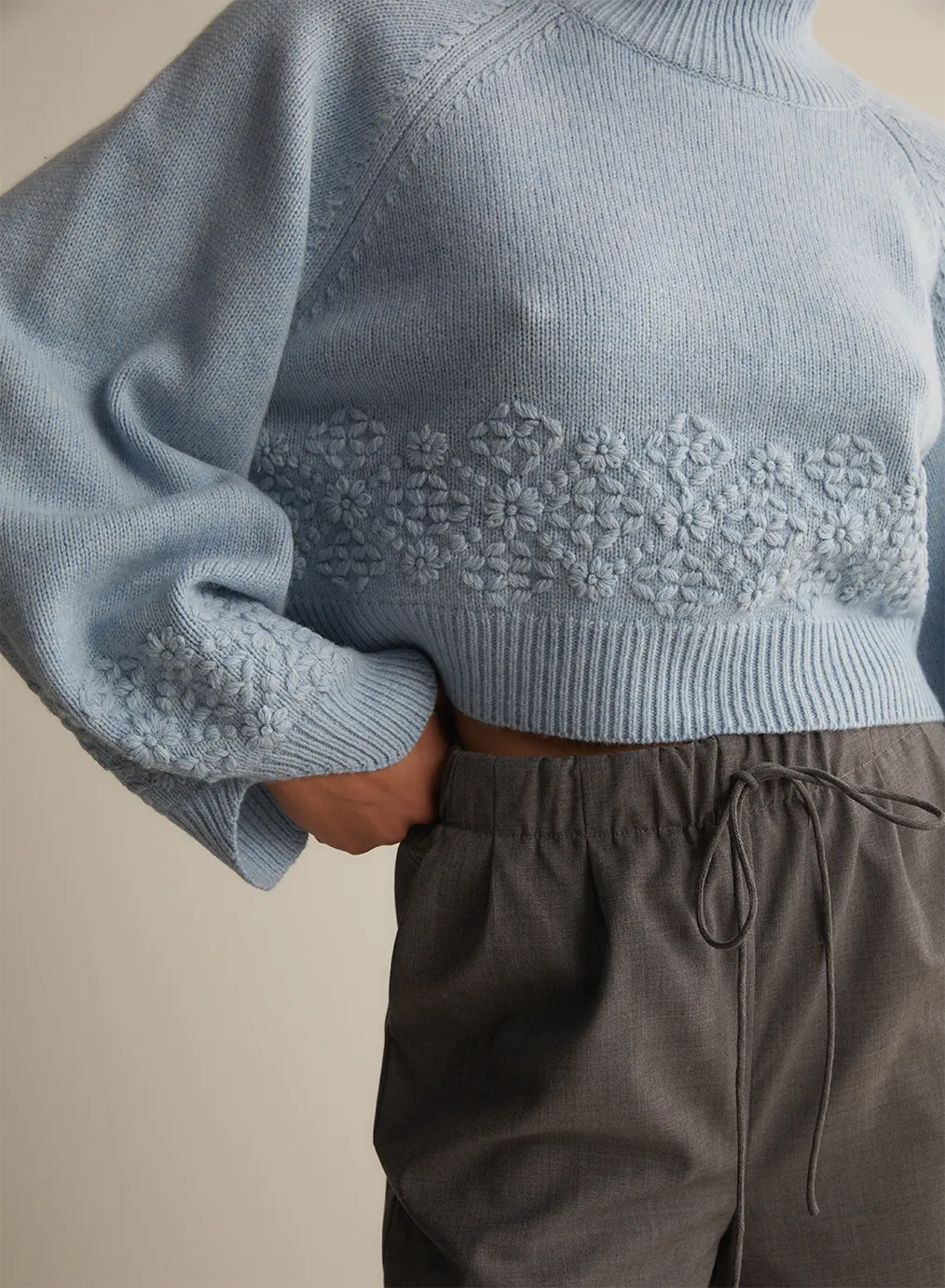 Carla Wool Embroidery Knit | Chambray Marle