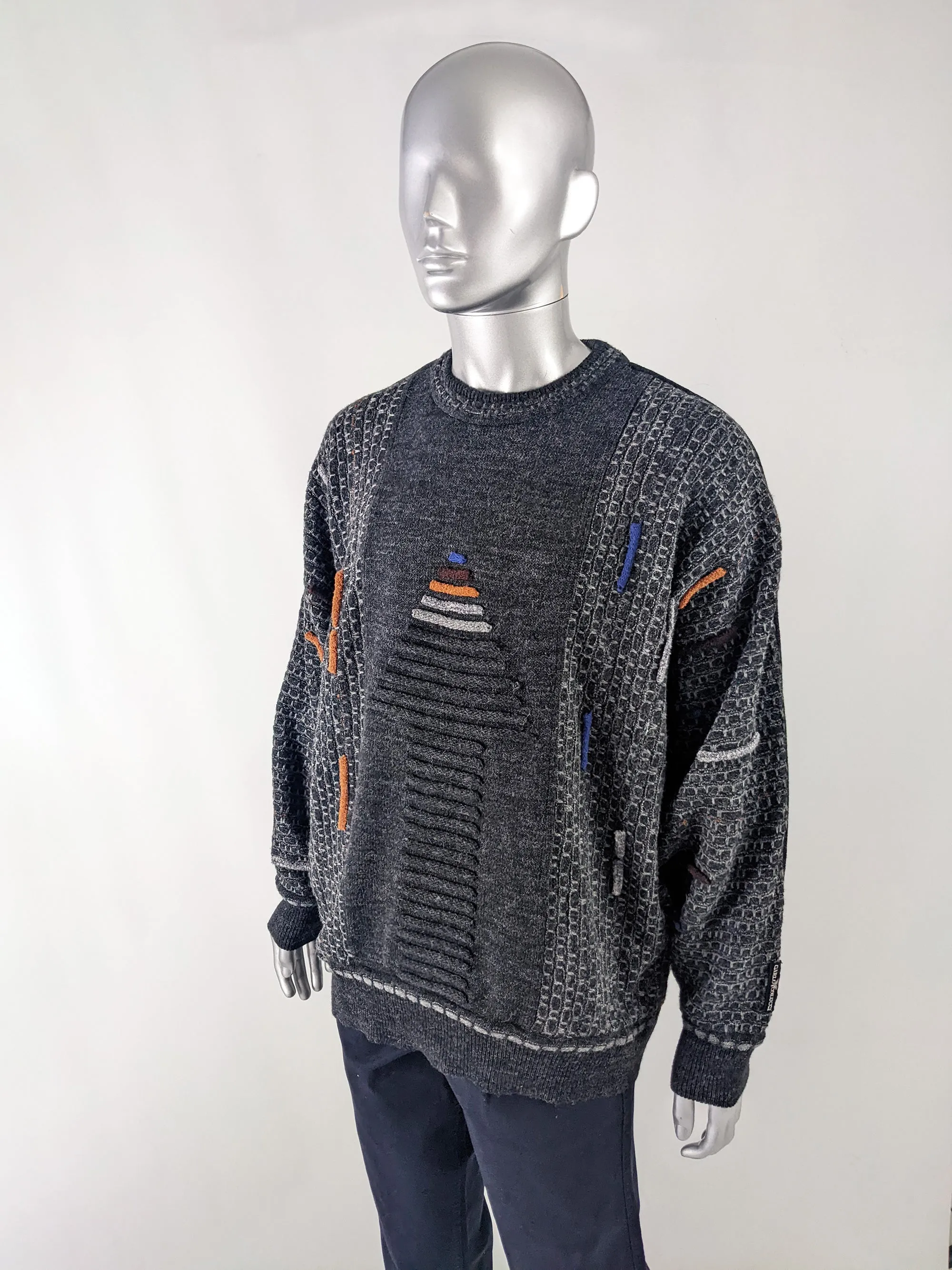 Carlo Colucci Vintage Mens Wool Rich Grey Batwing Jumper, 1980s