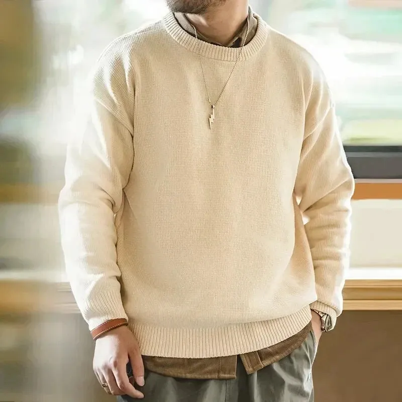 Casual Chenille Round Neck Jumper - Men's Skin-friendly Beige Knitwear