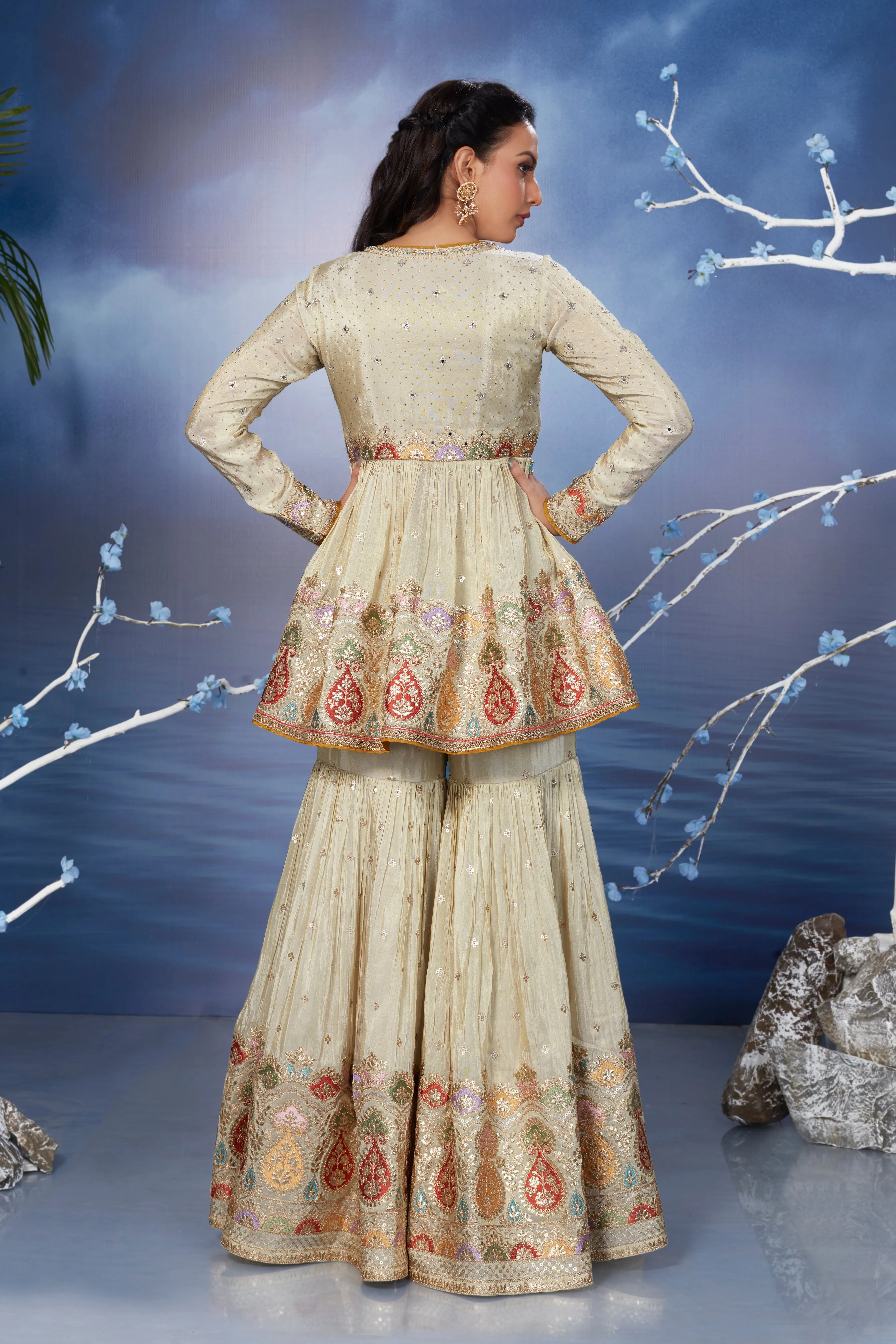 Champagne Gold Embellished Habutai Silk Peplum Sharara Set