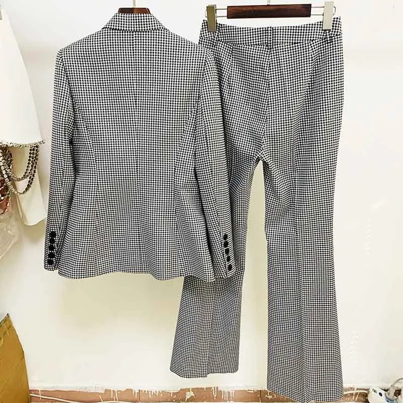 Checked Suits for Women Fashion 2 Pieces Flared Trousers Set