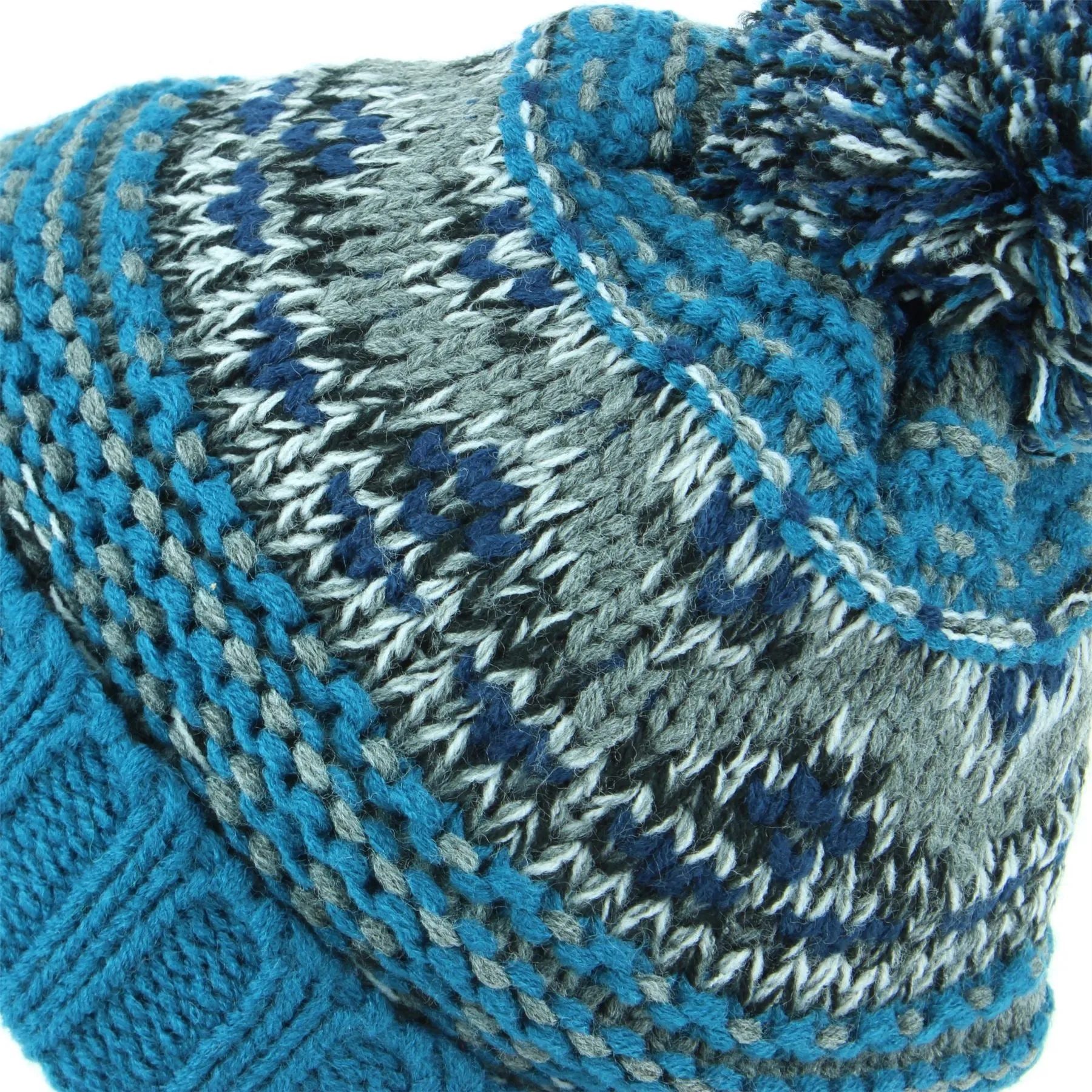 Children's Chunky Knit Fairisle Bobble Beanie Hat with Fleece Lining - Blue