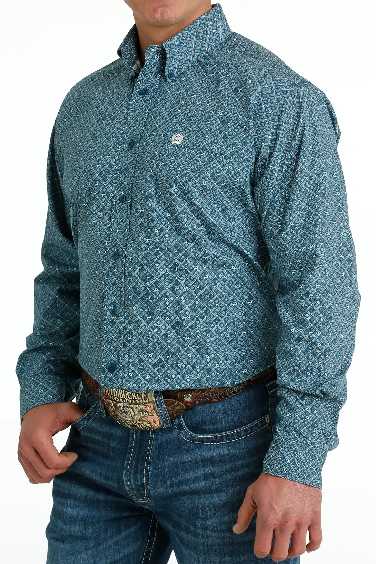 Cinch Men's Geometric Print Button Down Western Blue Cream Shirt