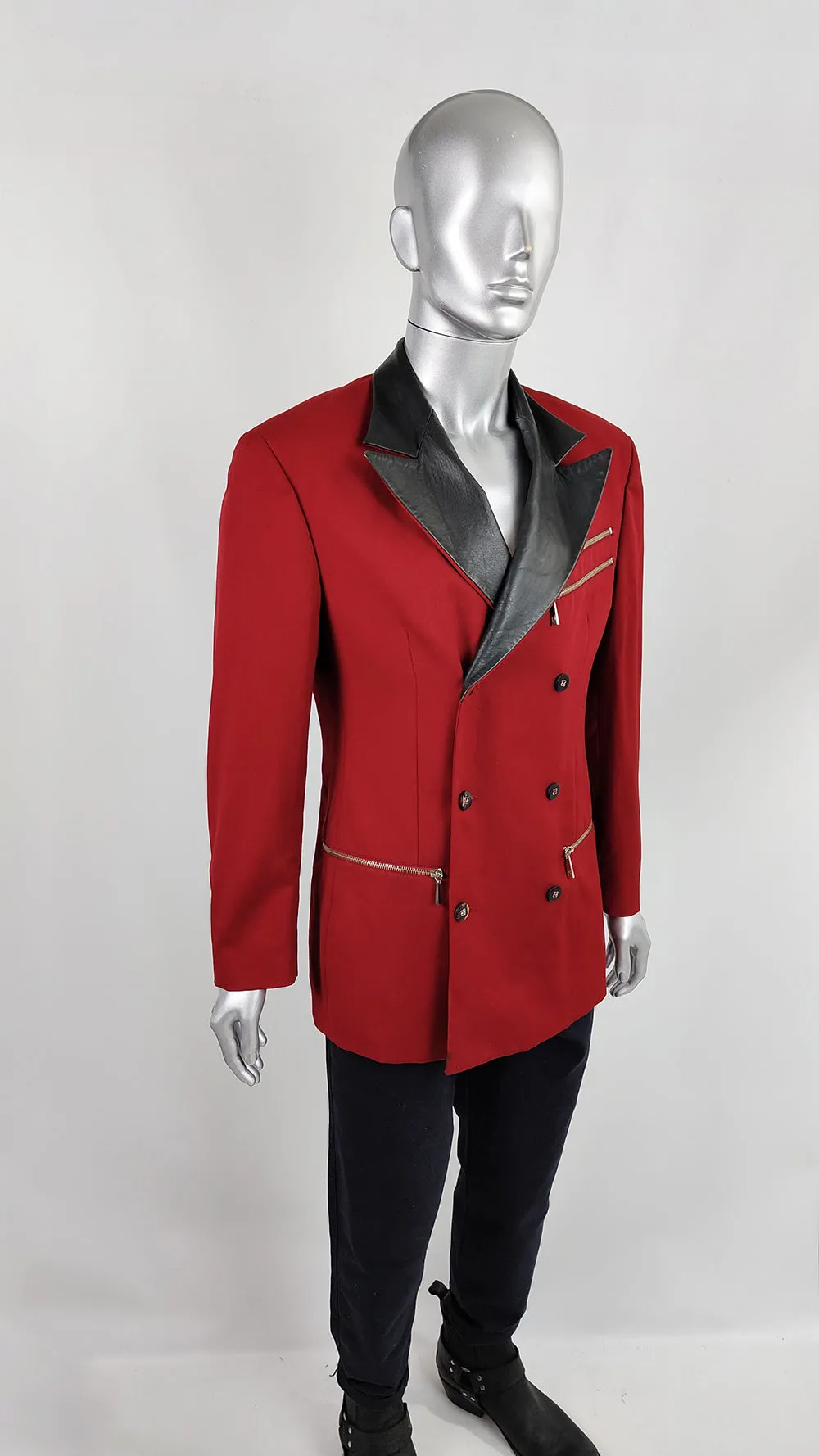 Claude Montana Vintage Mens Red Wool & Leather Jacket, 1980s