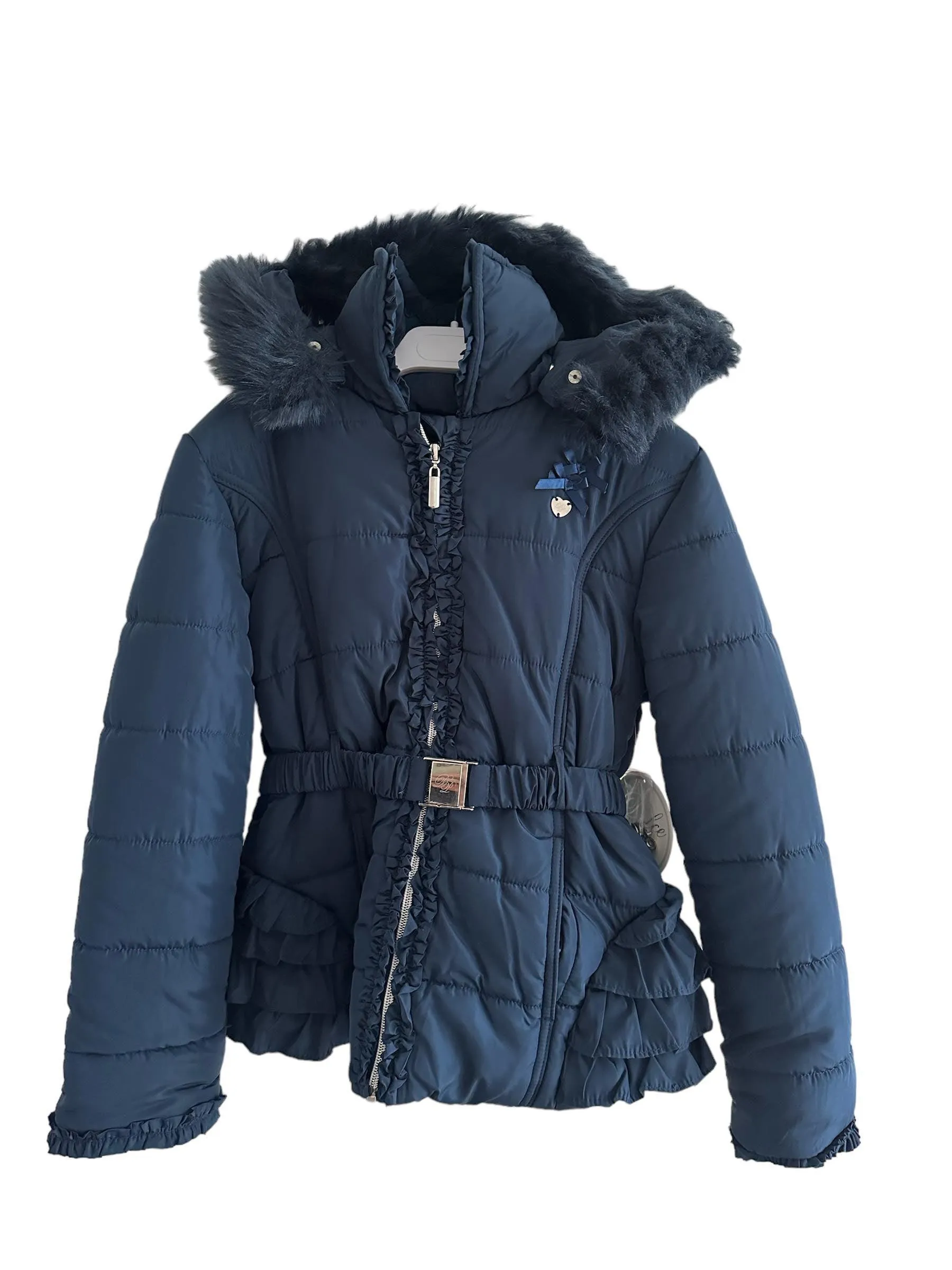 CLEARANCE SALE - Girls Navy Blue Padded Coat with Faux Fur Trimmed Hood 6yr