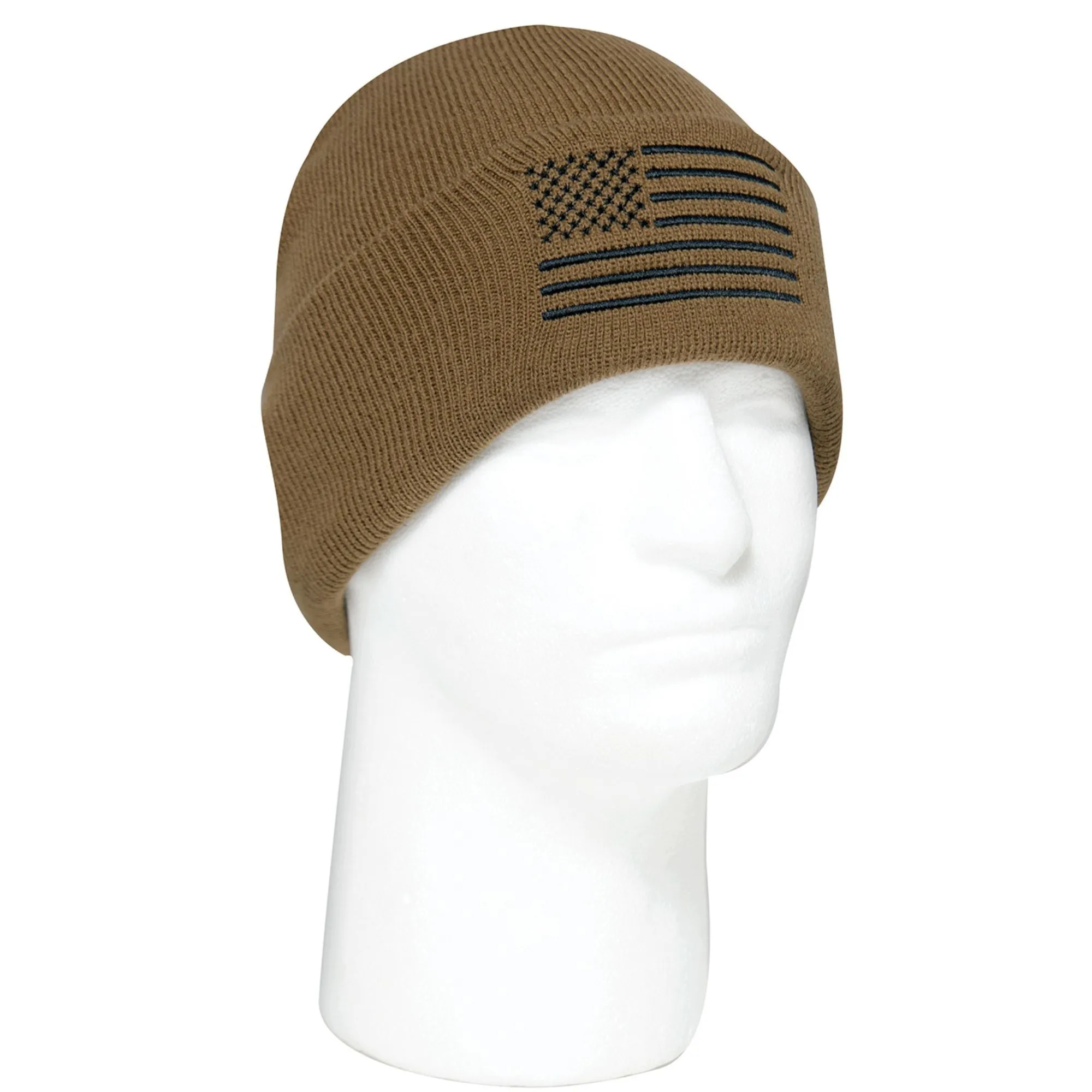 Coyote Brown US Flag Embroidered Fine Knit Watch Cap Beanie Hat