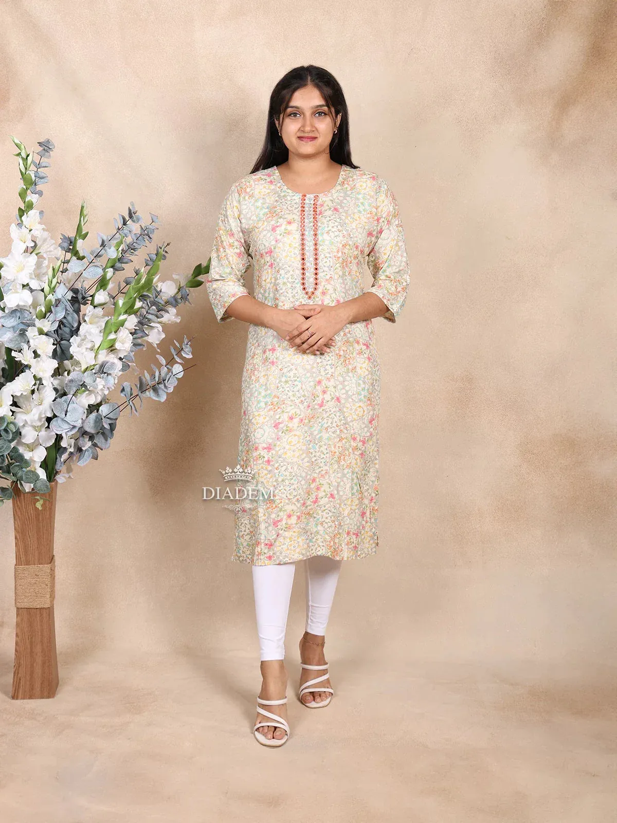 Cream Cotton Kurti Top Adorned with Floral Print