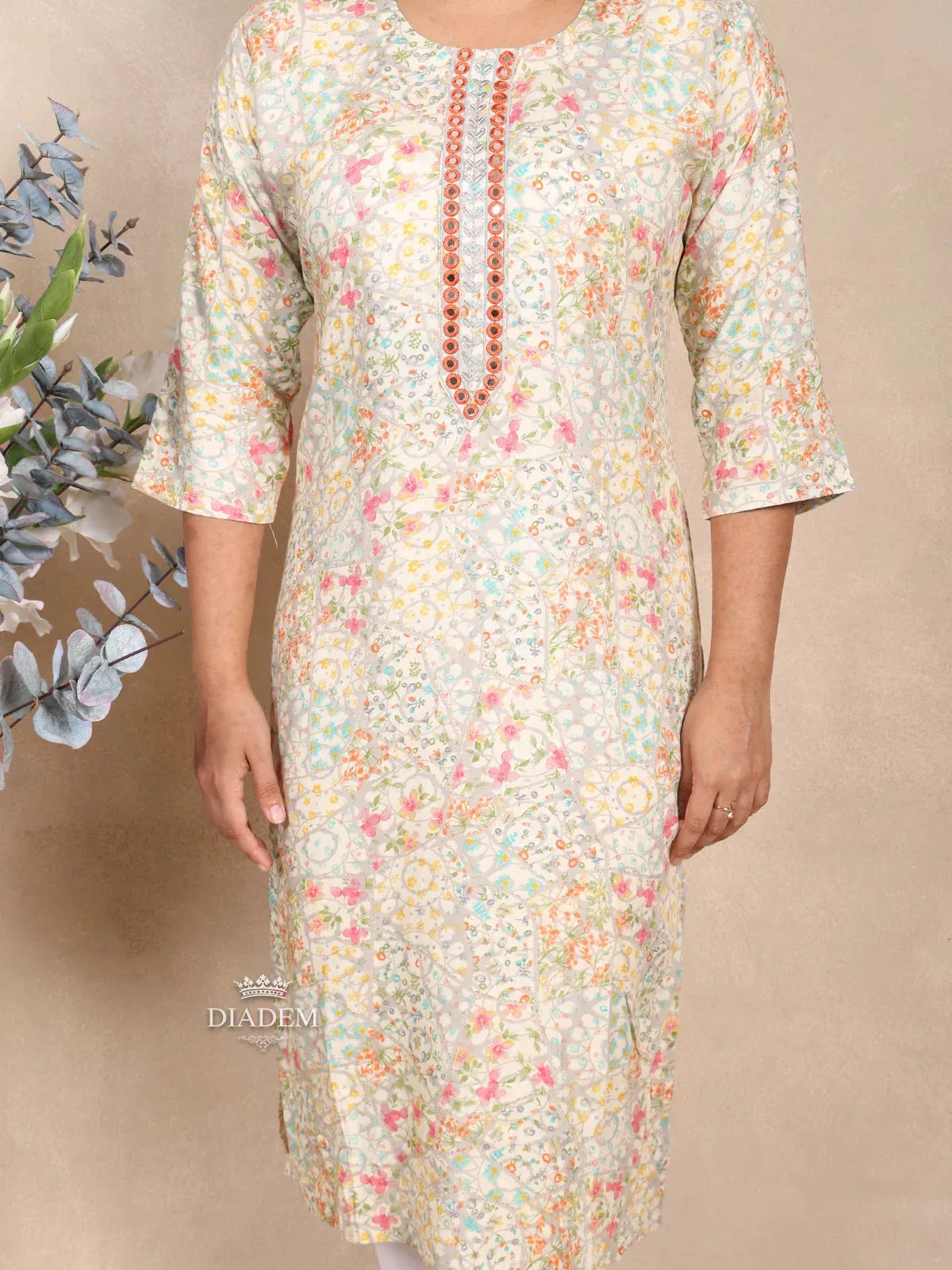 Cream Cotton Kurti Top Adorned with Floral Print