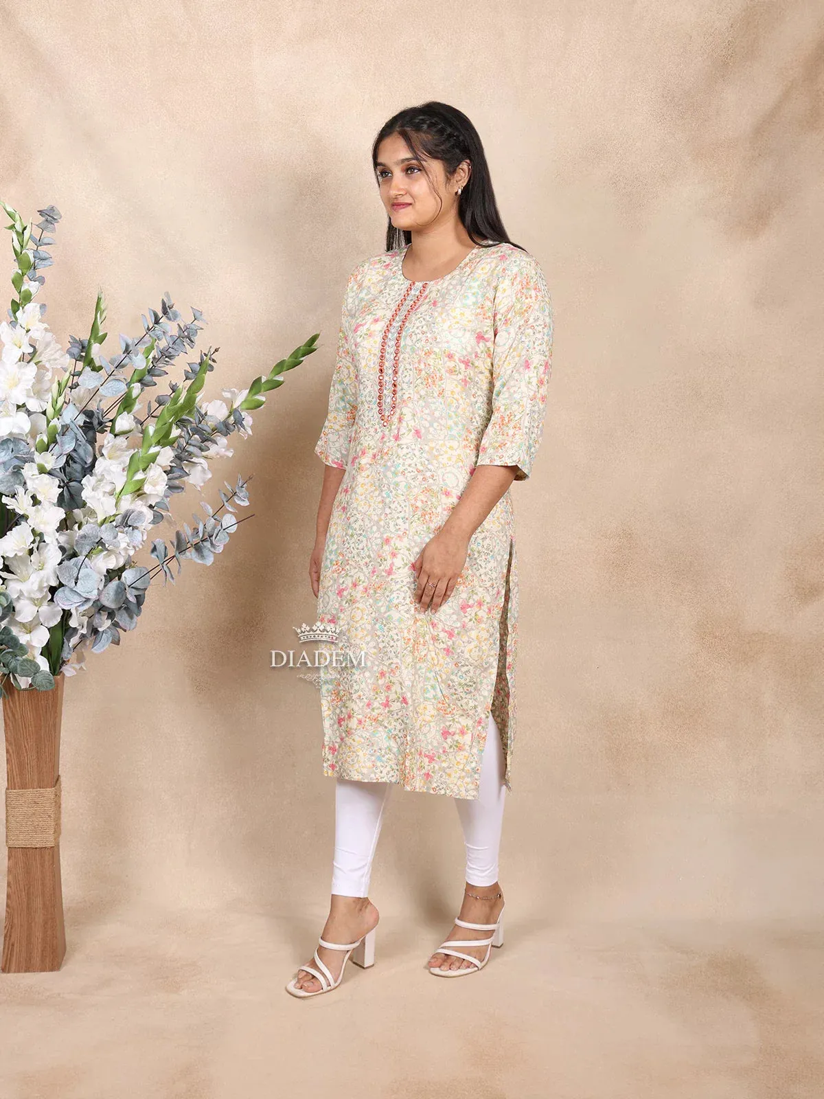 Cream Cotton Kurti Top Adorned with Floral Print