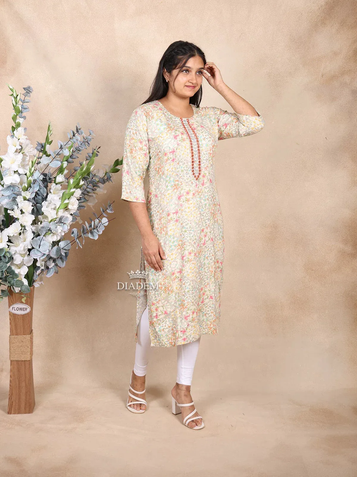 Cream Cotton Kurti Top Adorned with Floral Print