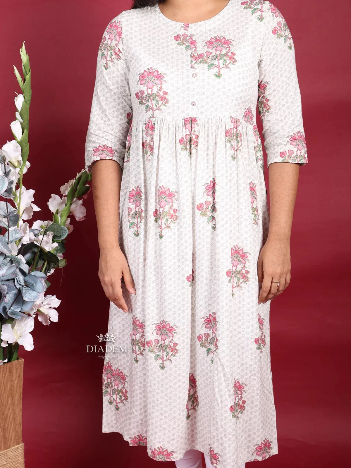 Cream Cotton Kurti Top Adorned with Floral Prints