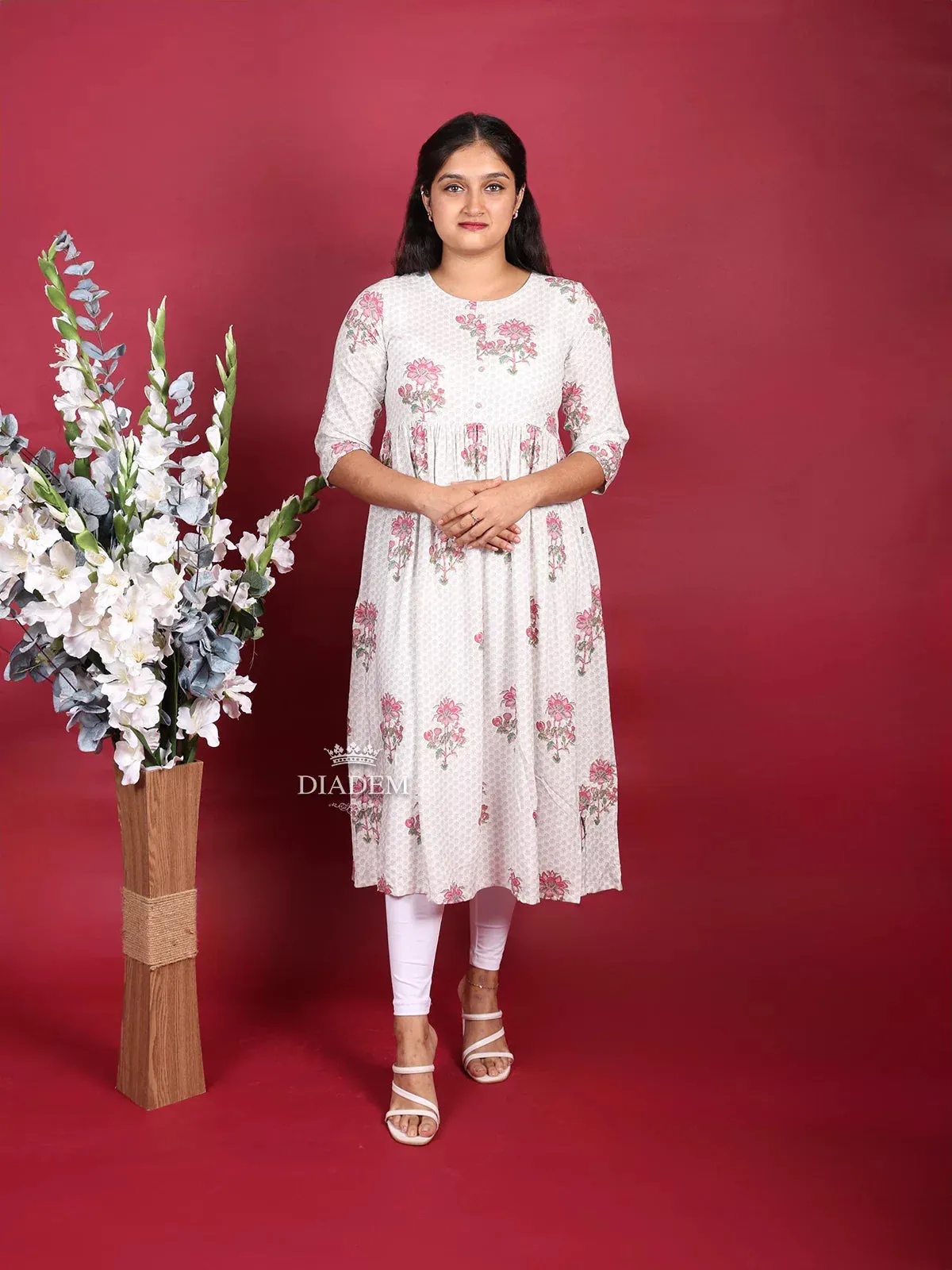 Cream Cotton Kurti Top Adorned with Floral Prints