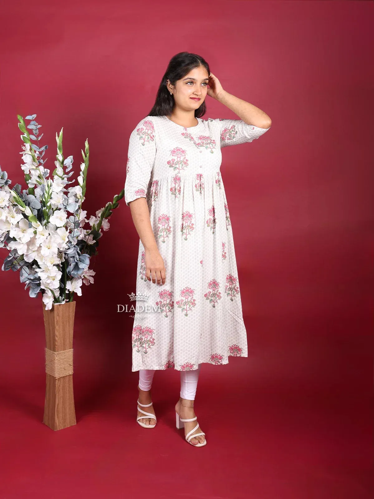 Cream Cotton Kurti Top Adorned with Floral Prints