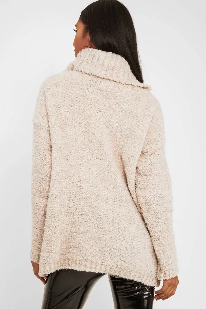 Cream Knitted Borg Oversized Roll Neck Jumper - Ebbie