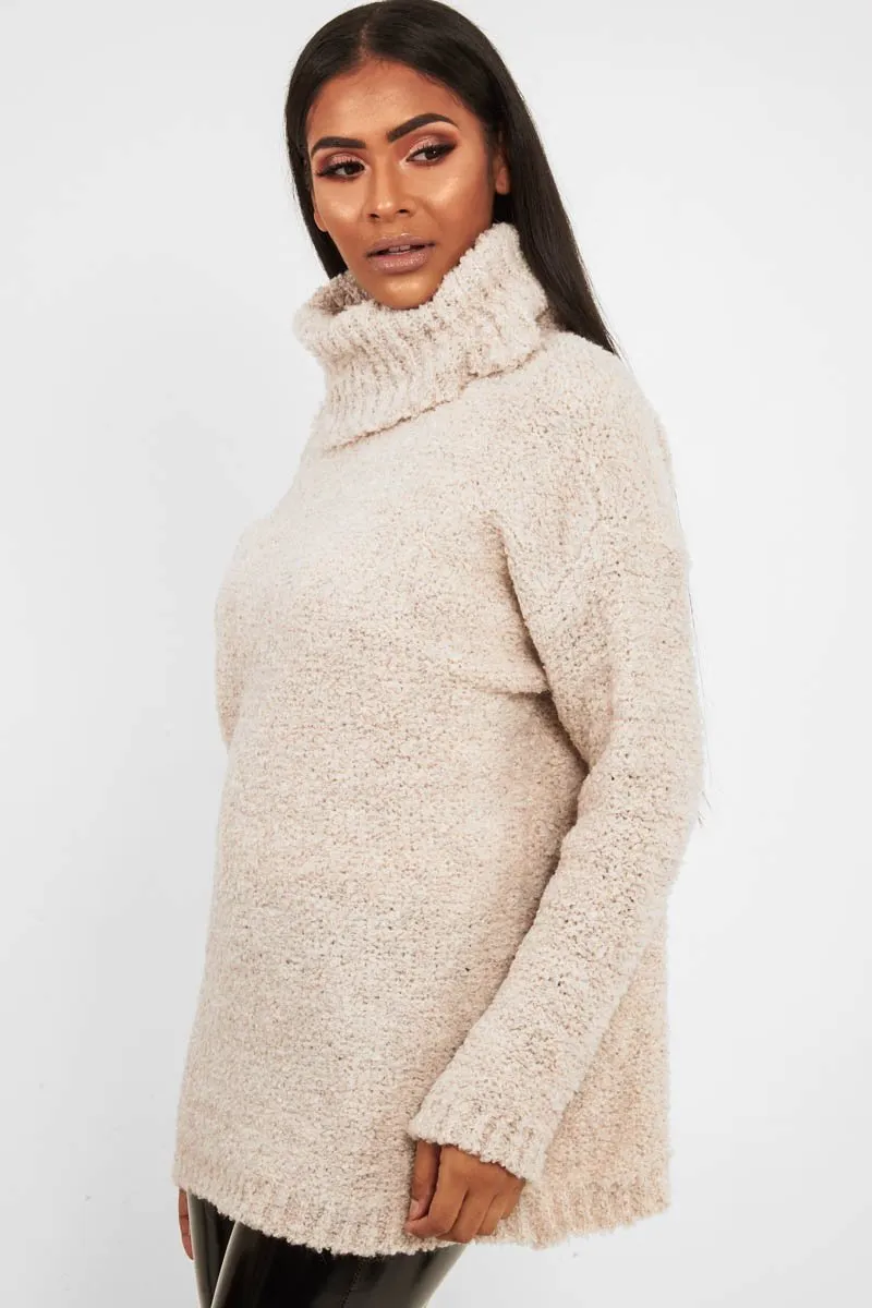 Cream Knitted Borg Oversized Roll Neck Jumper - Ebbie