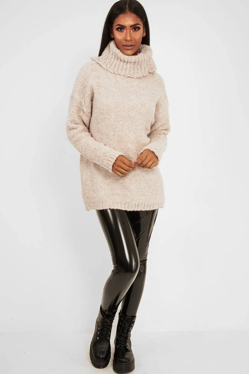 Cream Knitted Borg Oversized Roll Neck Jumper - Ebbie