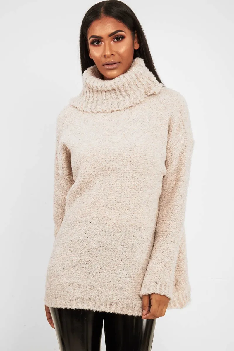 Cream Knitted Borg Oversized Roll Neck Jumper - Ebbie