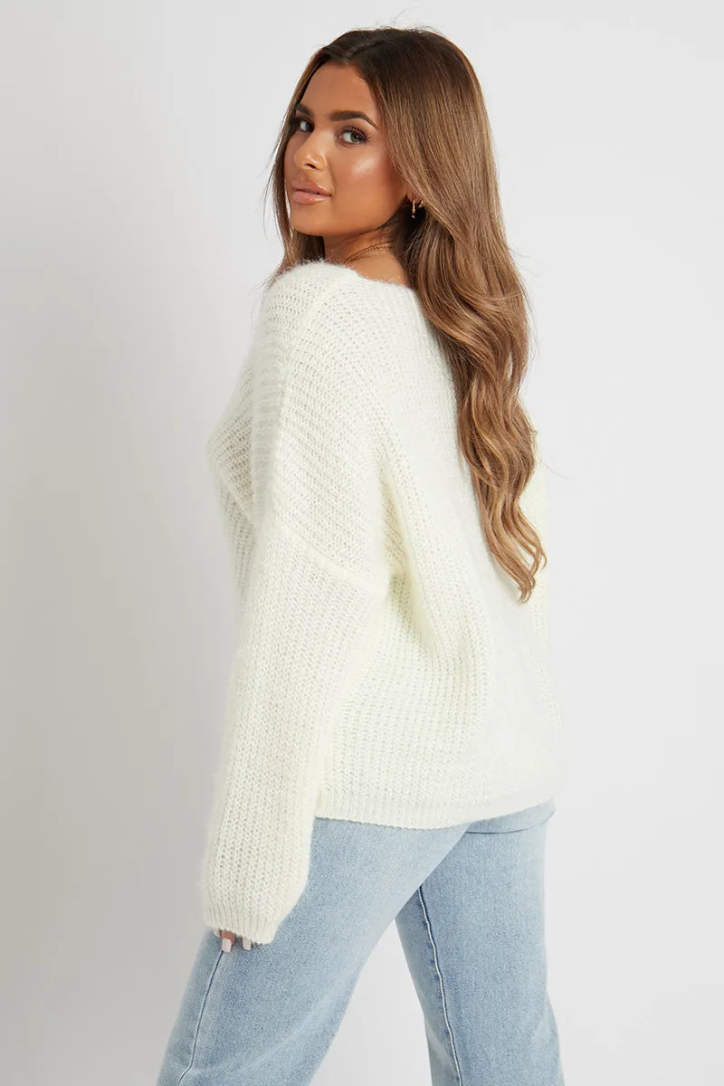 Cream Scoop Neck Fluffy Jumper - Ameliah