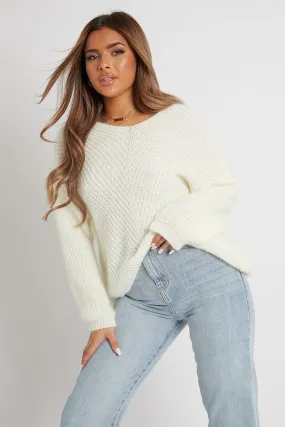 Cream Scoop Neck Fluffy Jumper - Ameliah