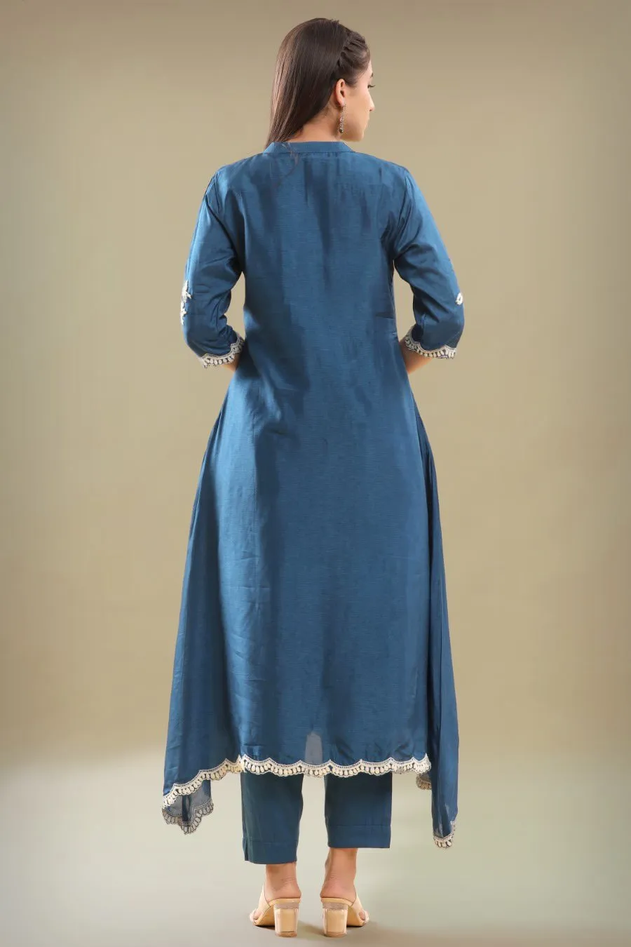 Dark Blue Embroidered A-line Kurta With Pant