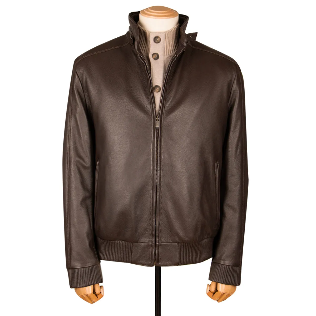 Dark Brown Bomber Style Deerskin Leather Jacket