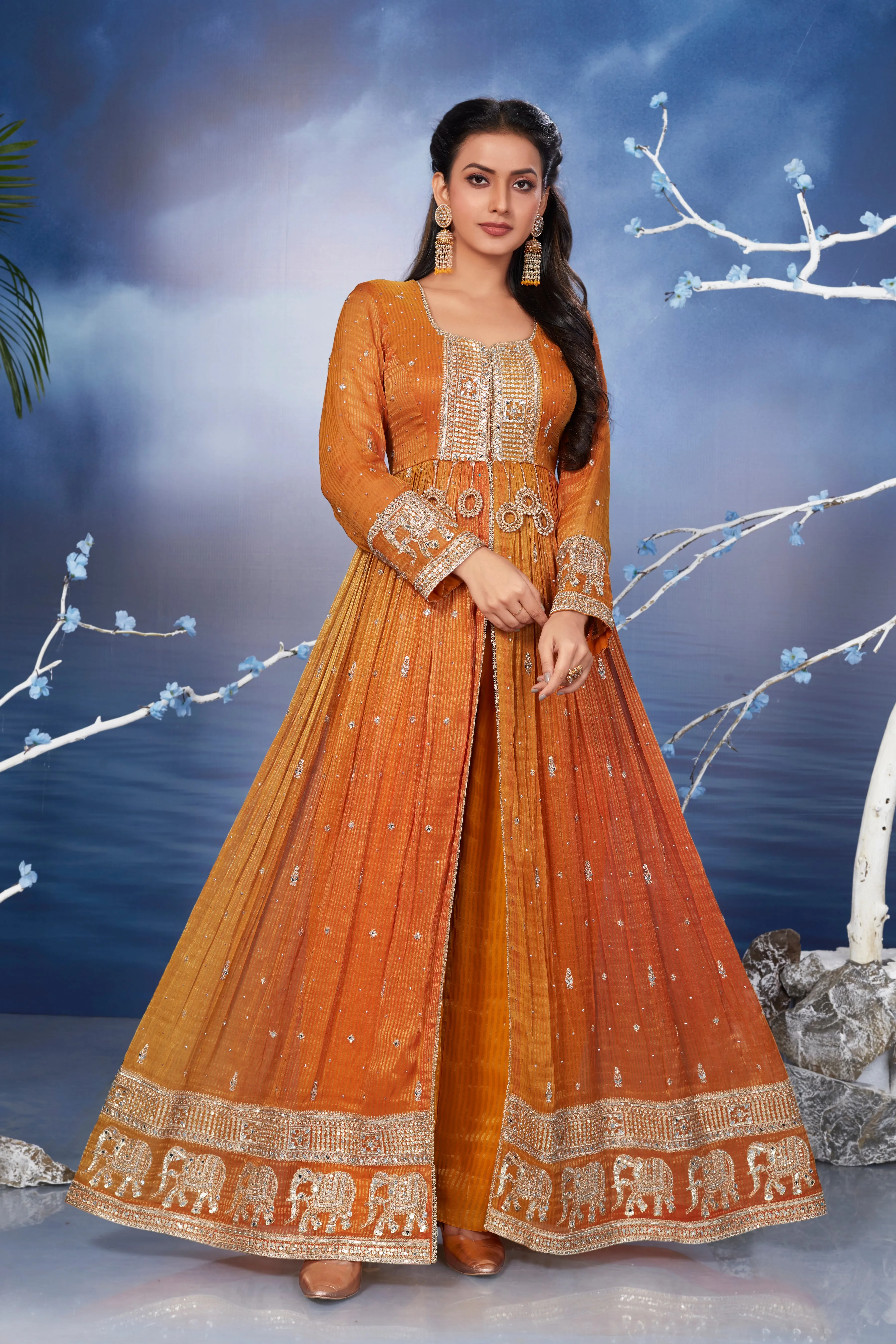 Deep Tangerine Embellished Premium Net Anarkali Set