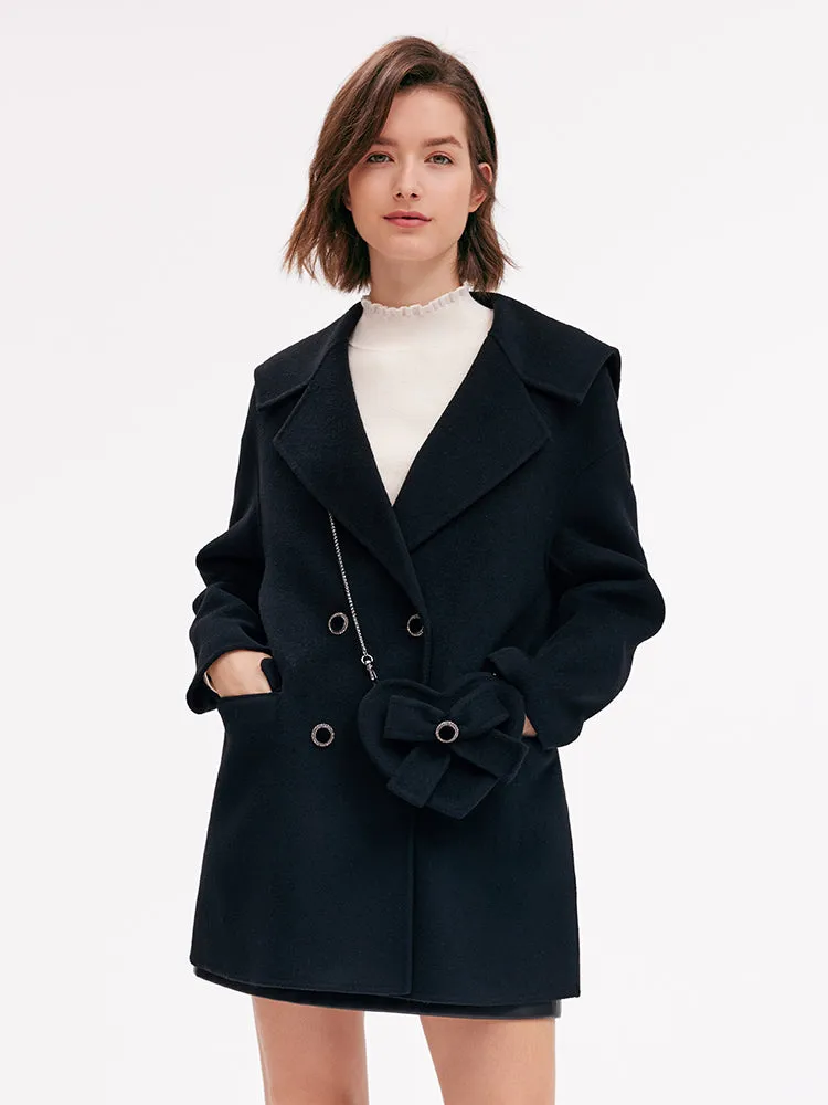 Double-Breasted Wool Women Coat With Heart-Shaped Bag