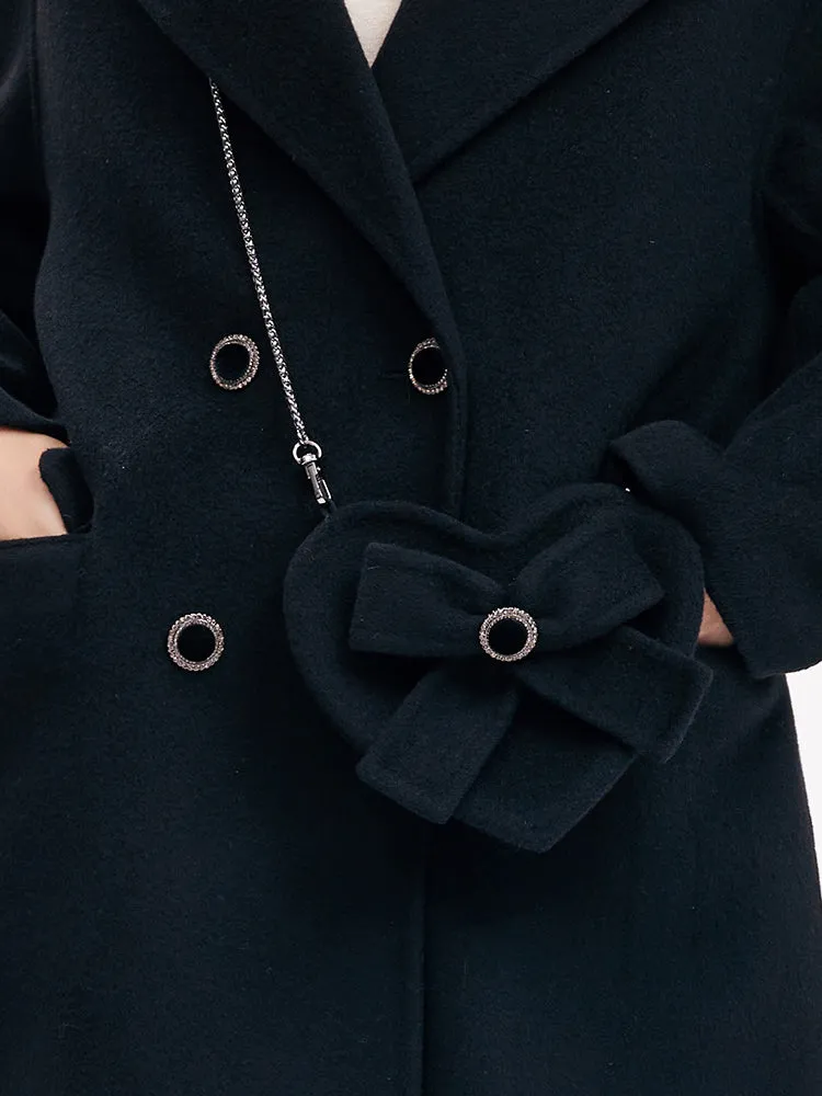 Double-Breasted Wool Women Coat With Heart-Shaped Bag