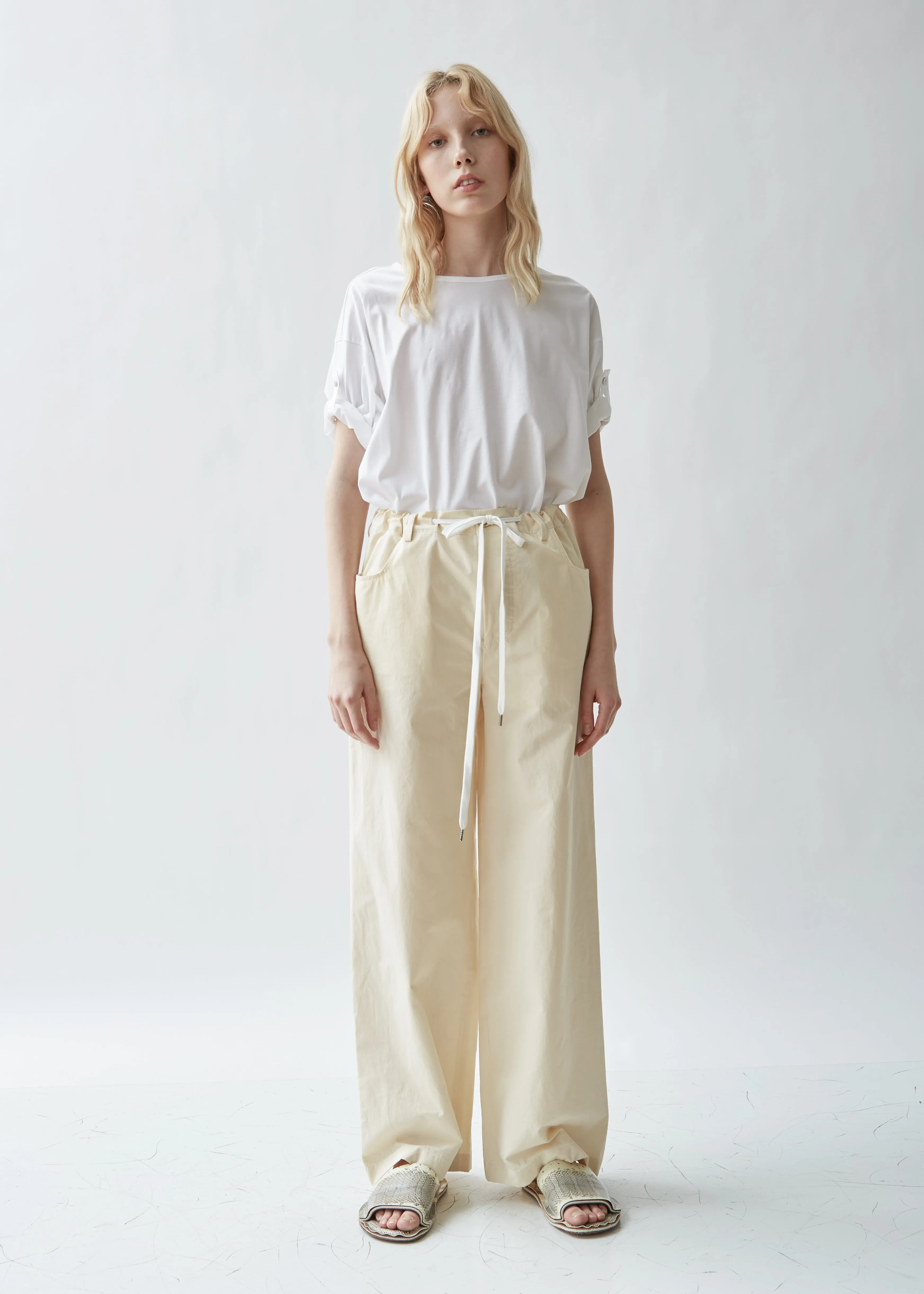 Drawstring Waist Washed Cotton Trousers