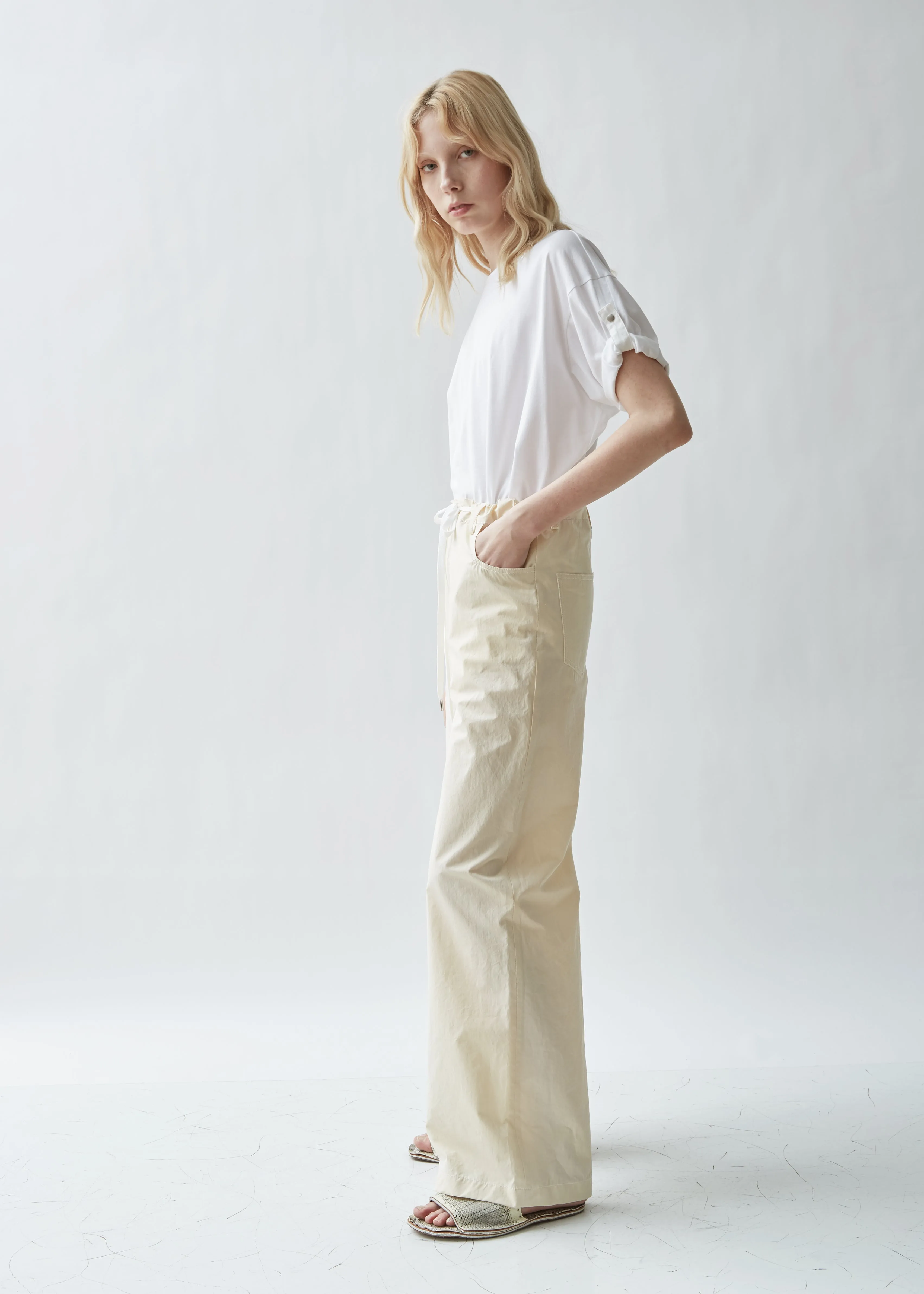 Drawstring Waist Washed Cotton Trousers