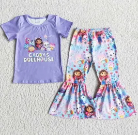 E5-13 pattern purple cat short-sleeved flared pants set