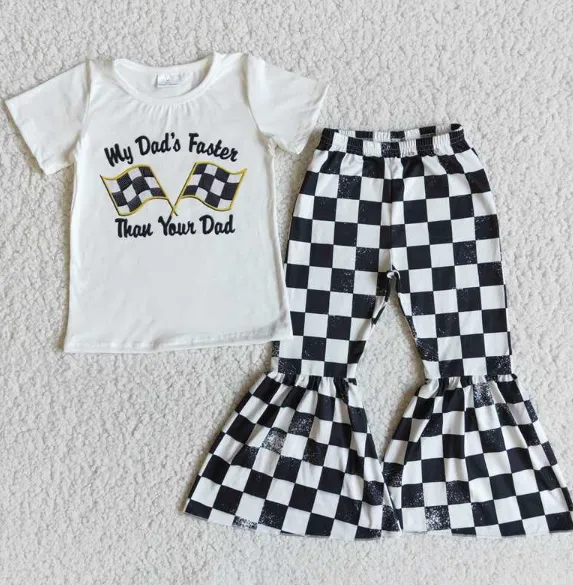 E8-29 White short-sleeved top black and white plaid flared pants set