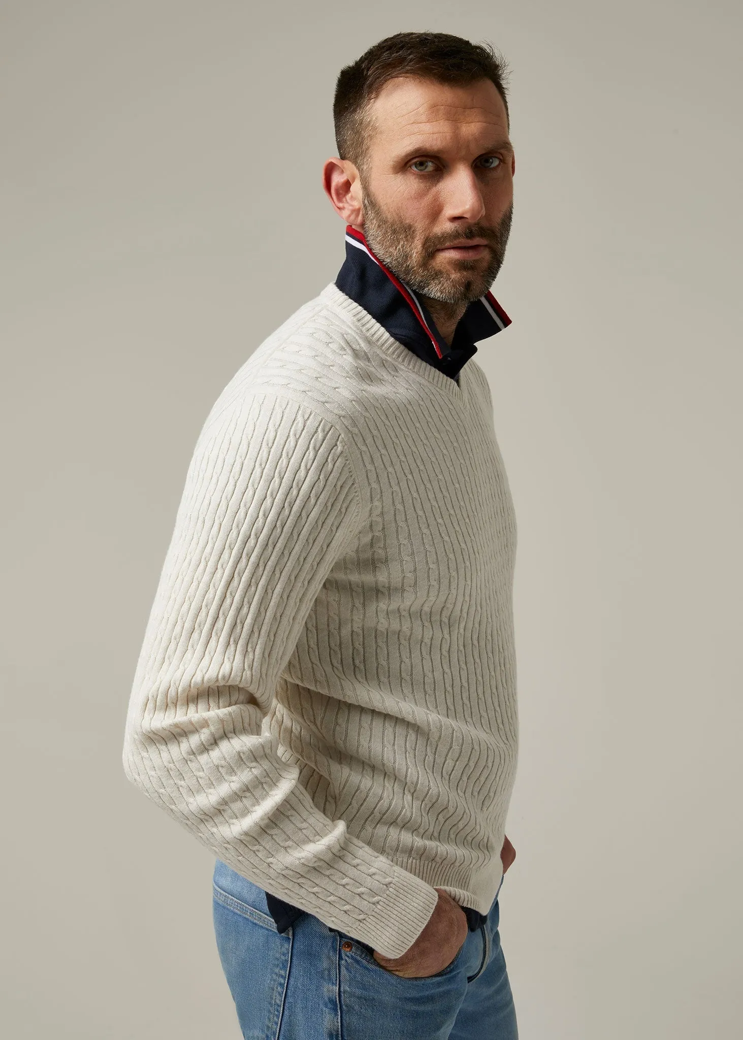 Elmstone Cable Vee Neck Jumper in Blonde & Dark Navy