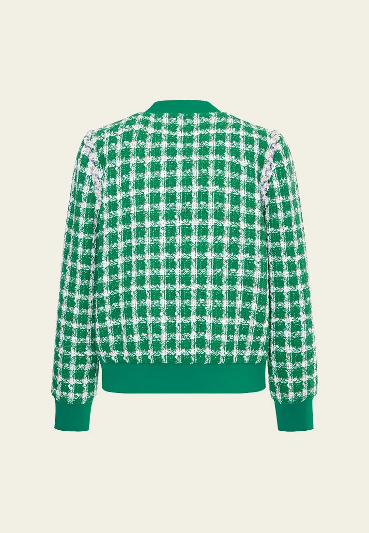 Emerald Green Check Tweed Bomber Jacket