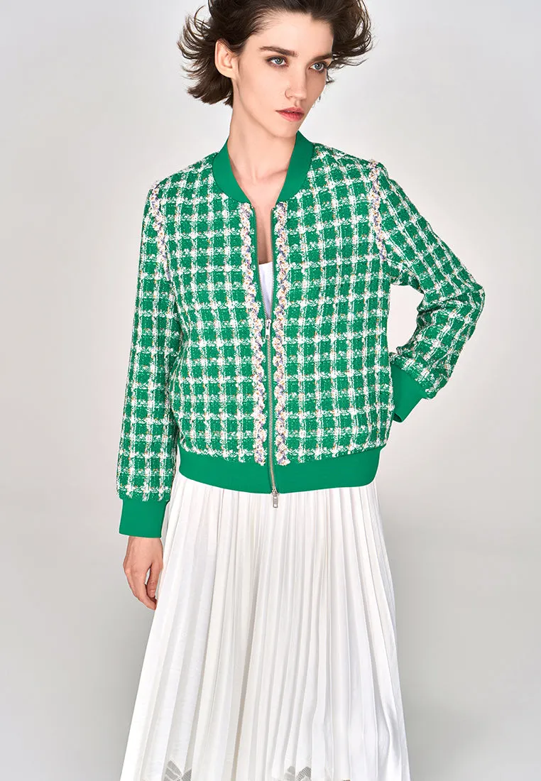 Emerald Green Check Tweed Bomber Jacket