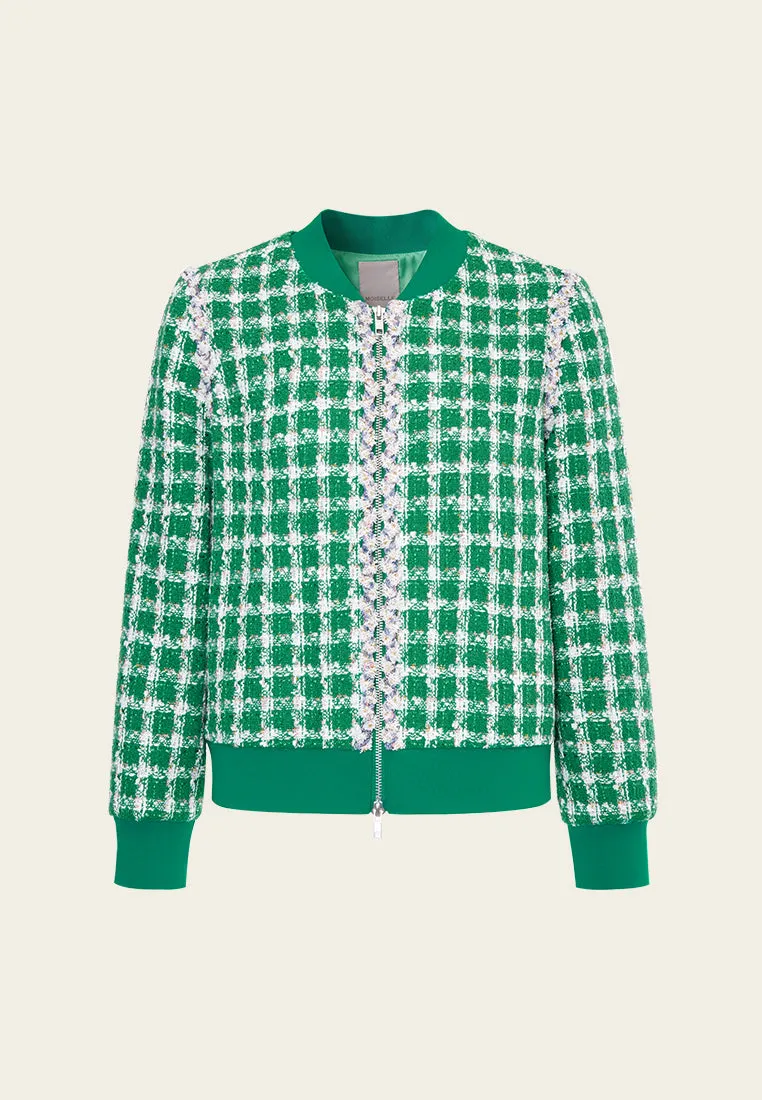 Emerald Green Check Tweed Bomber Jacket