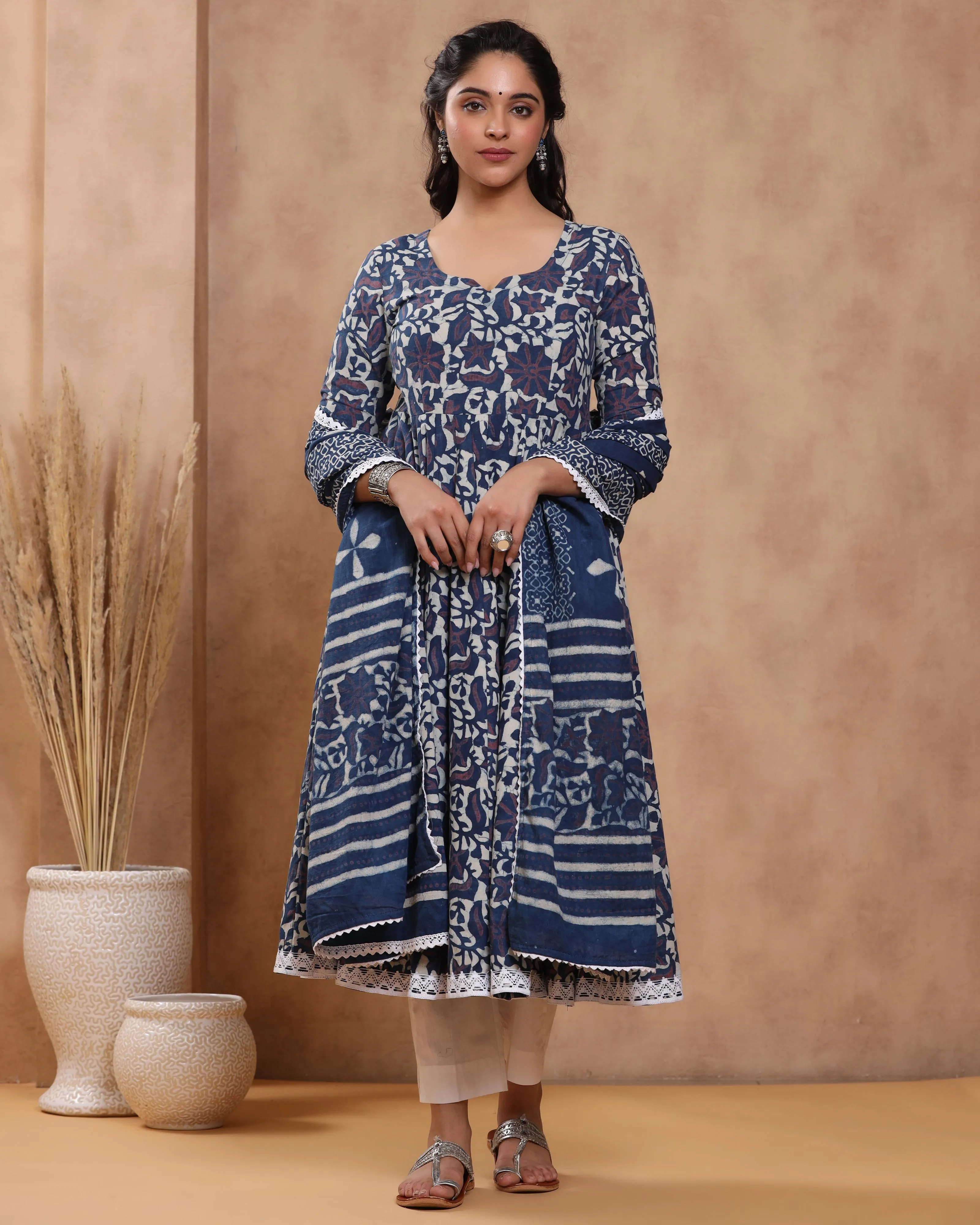 Emu Dabu Print Cotton Anarkali Suit Set ( Set of 3 )