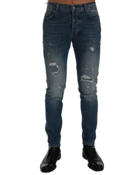 Frankie Morello Men's Ripped Slim Fit Jeans - Blue