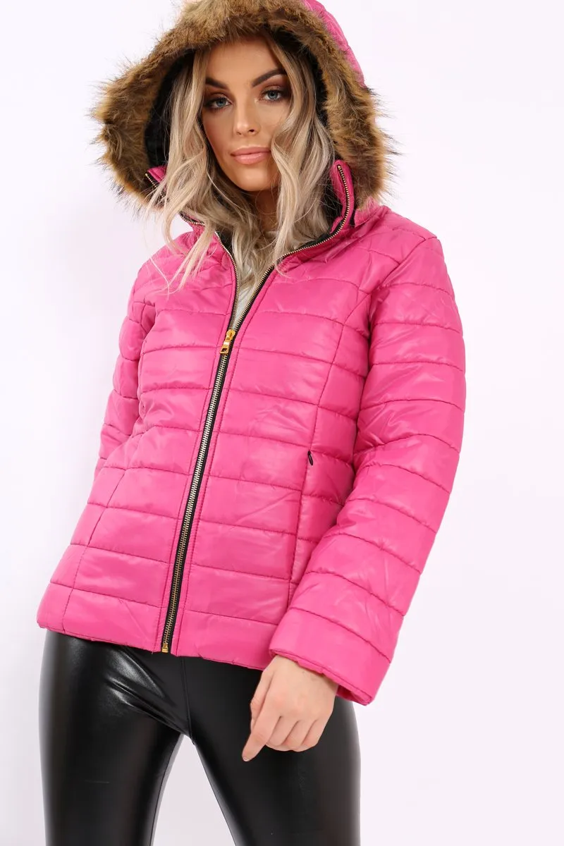 Fuchsia Shiny Puffer Coat with Fur Hood - Idy