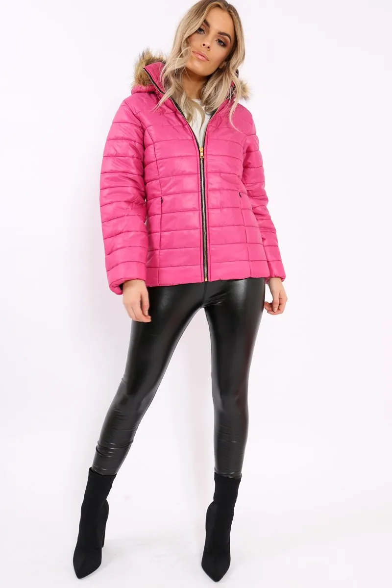 Fuchsia Shiny Puffer Coat with Fur Hood - Idy